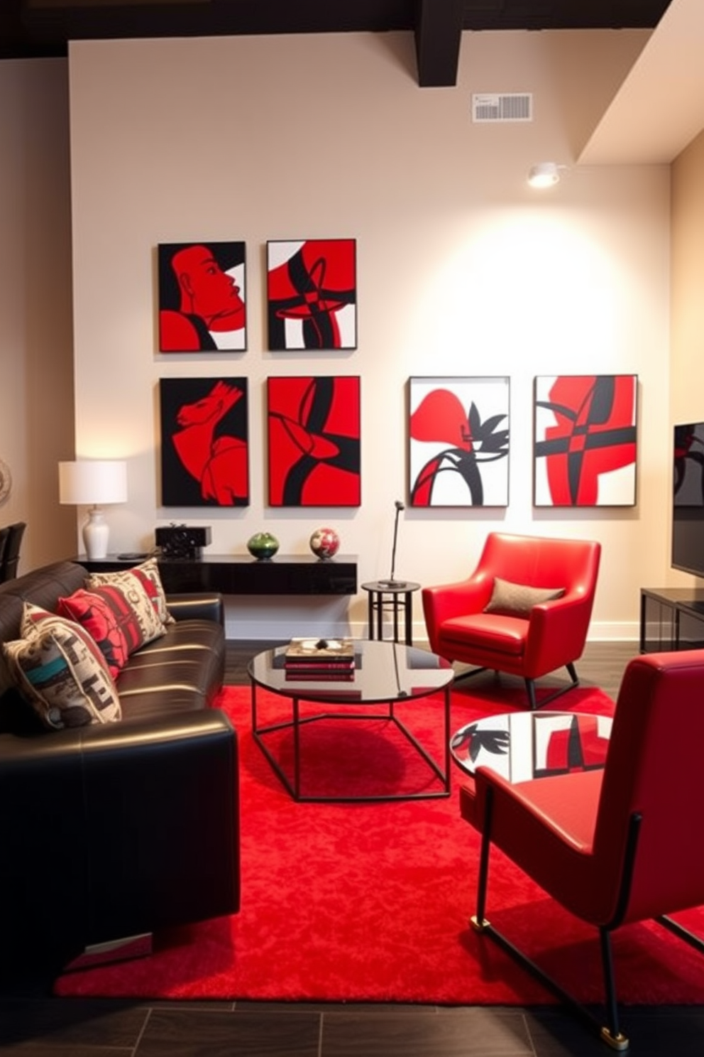 A vibrant family room featuring bold red and black modern art pieces on the walls. The space is furnished with a sleek black leather sofa and a striking red accent chair, creating a dynamic contrast. The room includes a contemporary coffee table with a glass top and black metal legs. Warm lighting fixtures illuminate the area, enhancing the artwork and inviting a cozy atmosphere.