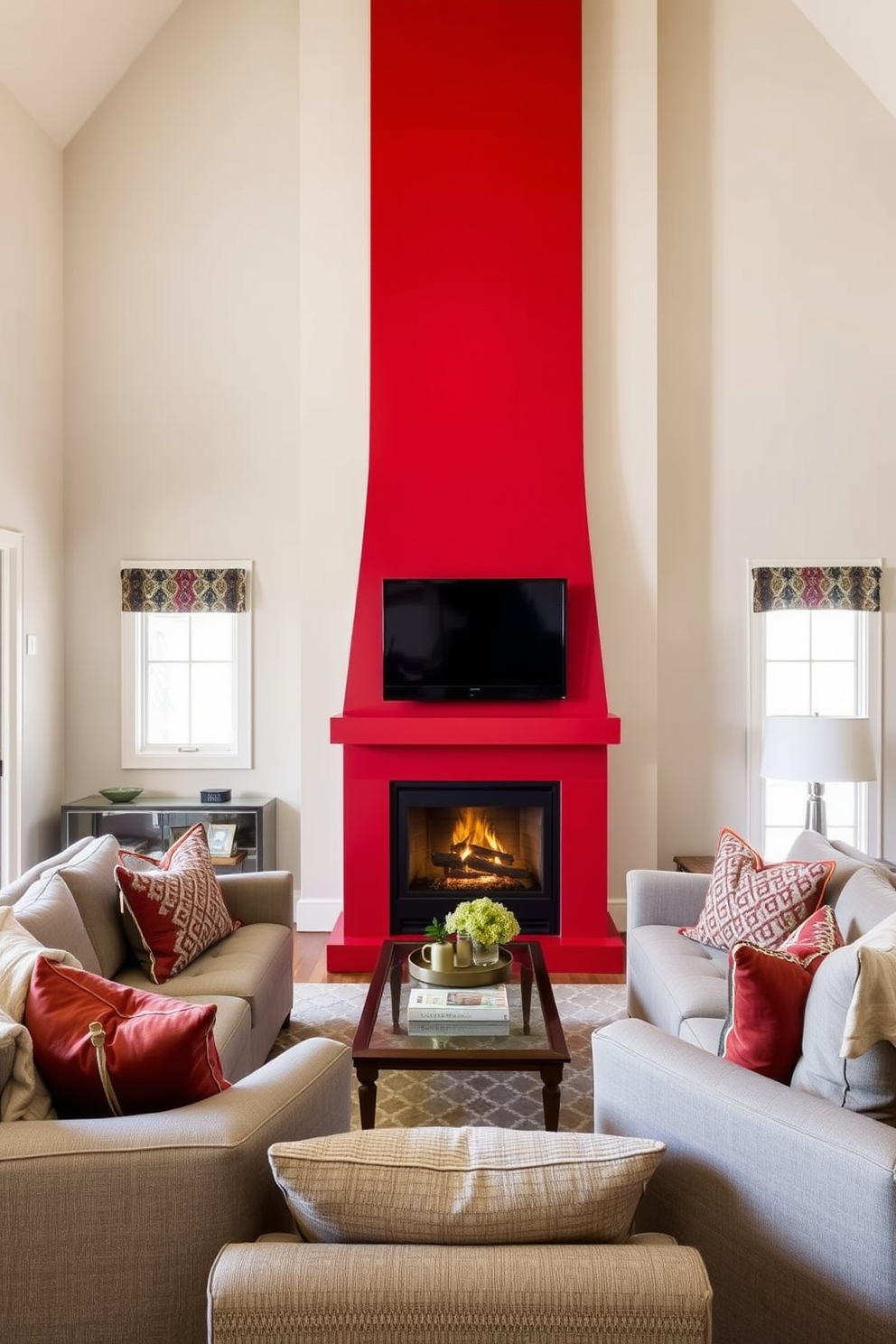 A vibrant family room filled with warmth and energy. The walls are painted in a soft beige, creating a cozy backdrop for the bold red decorative trays and bowls scattered throughout the space. A plush red sofa takes center stage, complemented by neutral-toned throw pillows. A sleek coffee table with a glass top showcases an assortment of red accents, bringing the room together in a harmonious design.