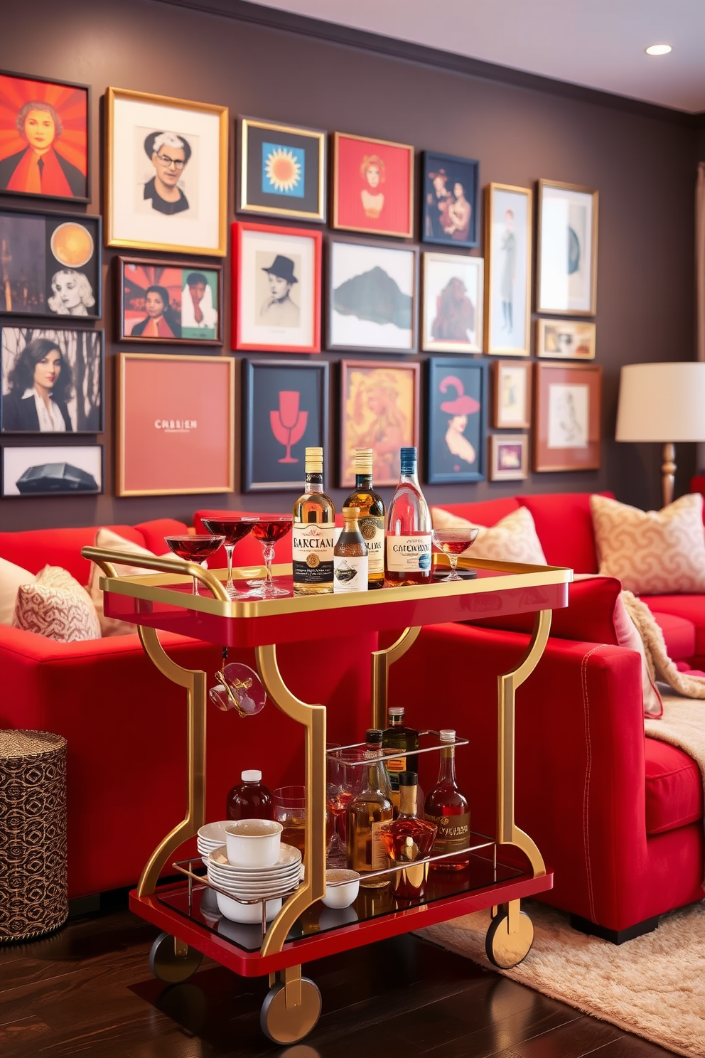 Chic red bar cart for entertaining. The cart features a sleek design with gold accents, stocked with an array of colorful glassware and premium spirits, positioned against a stylish backdrop of a vibrant gallery wall. Red Family Room Design Ideas. The room is designed with a cozy sectional sofa in a rich red hue, complemented by soft throw pillows and a plush area rug, creating an inviting atmosphere for gatherings.