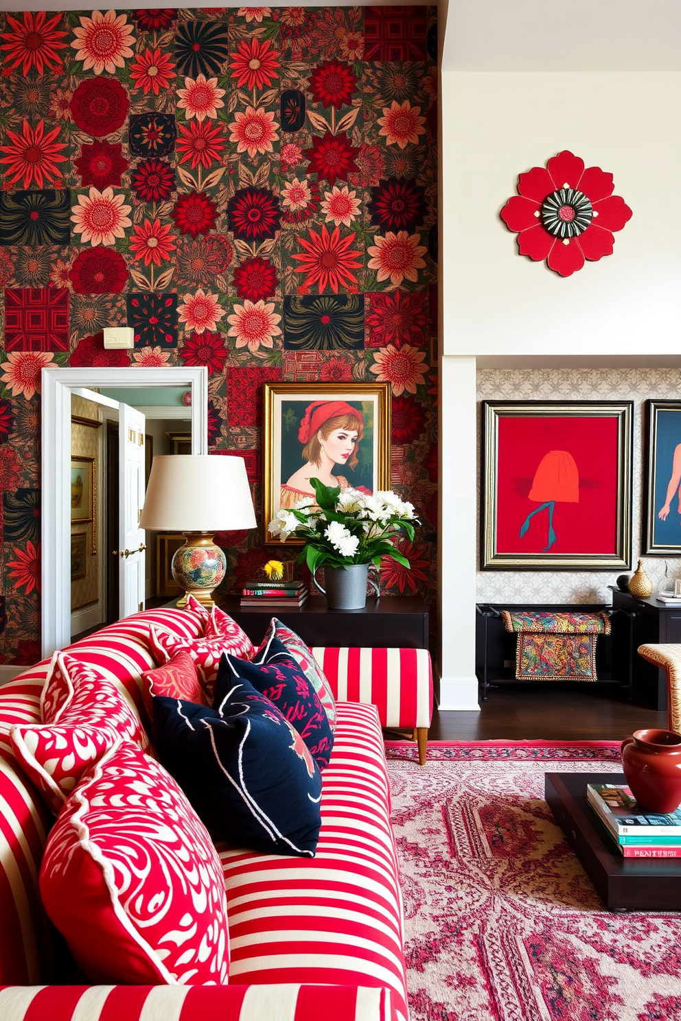 A vibrant family room filled with eclectic decor. The walls are adorned with a mix of geometric and floral patterns in various shades of red. A plush sofa covered in a bold red and white striped fabric invites relaxation. Accent pillows in contrasting patterns add depth and interest to the seating area.