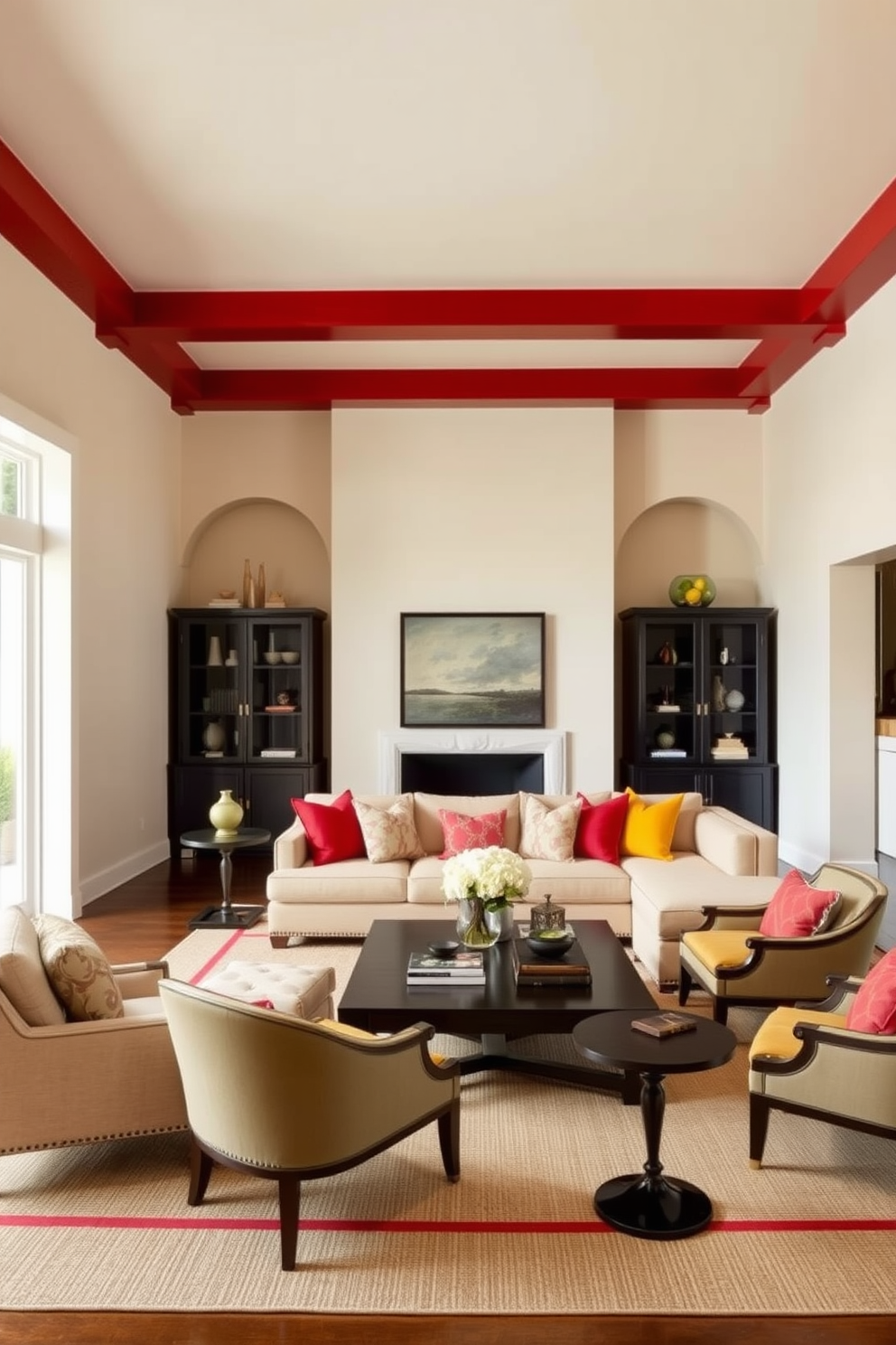 A striking family room featuring red ceiling beams that add a dramatic touch to the space. The walls are painted in a soft neutral tone, creating a warm and inviting atmosphere. Comfortable seating arrangements include a plush sectional sofa adorned with colorful throw pillows. A stylish coffee table sits at the center, surrounded by elegant accent chairs that complement the overall design.