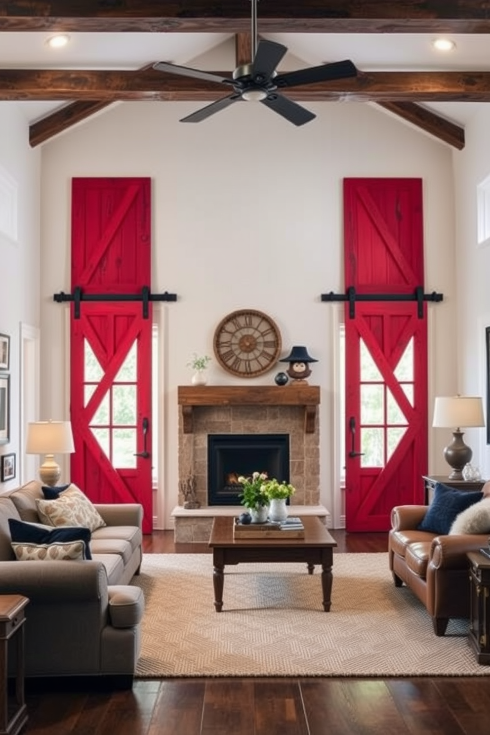 A cozy family room featuring rustic red barn doors that add character to the space. The room is adorned with comfortable seating, warm wooden accents, and a fireplace that creates an inviting atmosphere.