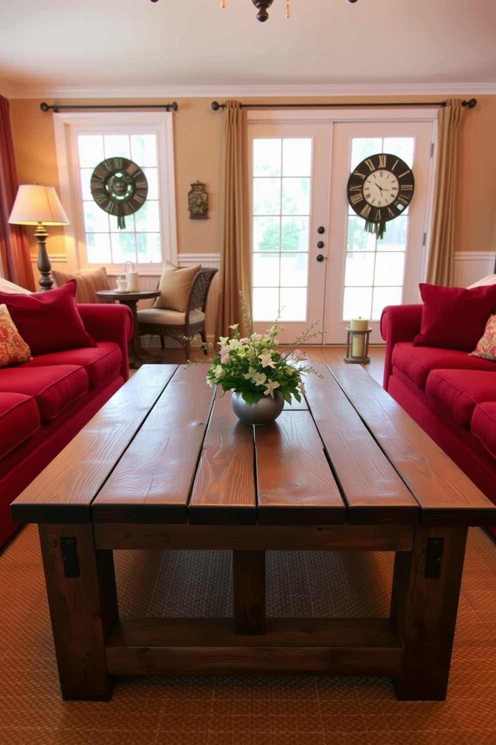 A rustic wooden coffee table sits at the center of a cozy family room adorned with warm hues. Surrounding the table are plush red sofas, creating an inviting atmosphere perfect for gatherings.