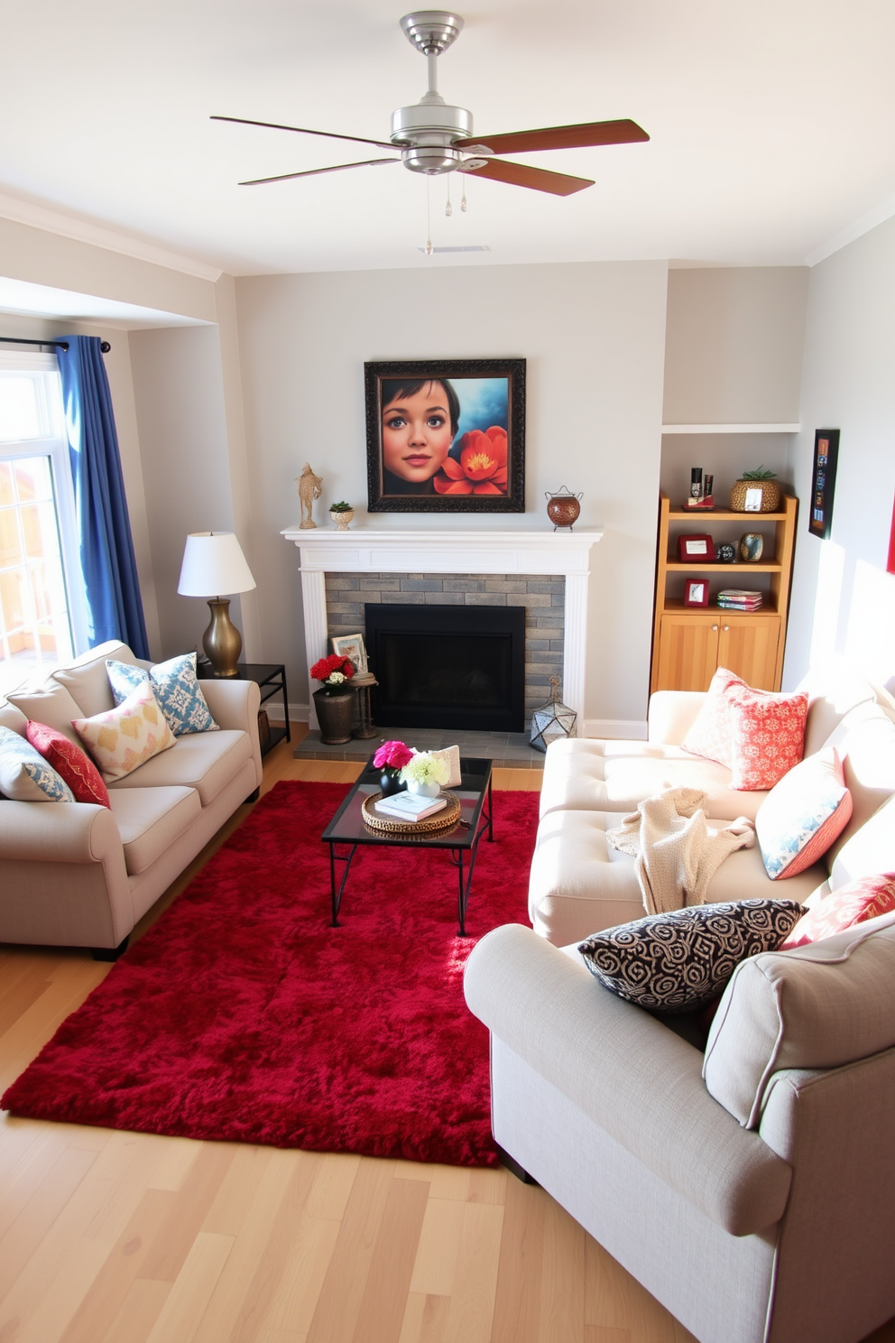 A cozy family room featuring a vibrant red area rug placed on a light hardwood floor. The room is adorned with plush seating in neutral tones, complemented by colorful throw pillows that enhance the inviting atmosphere.