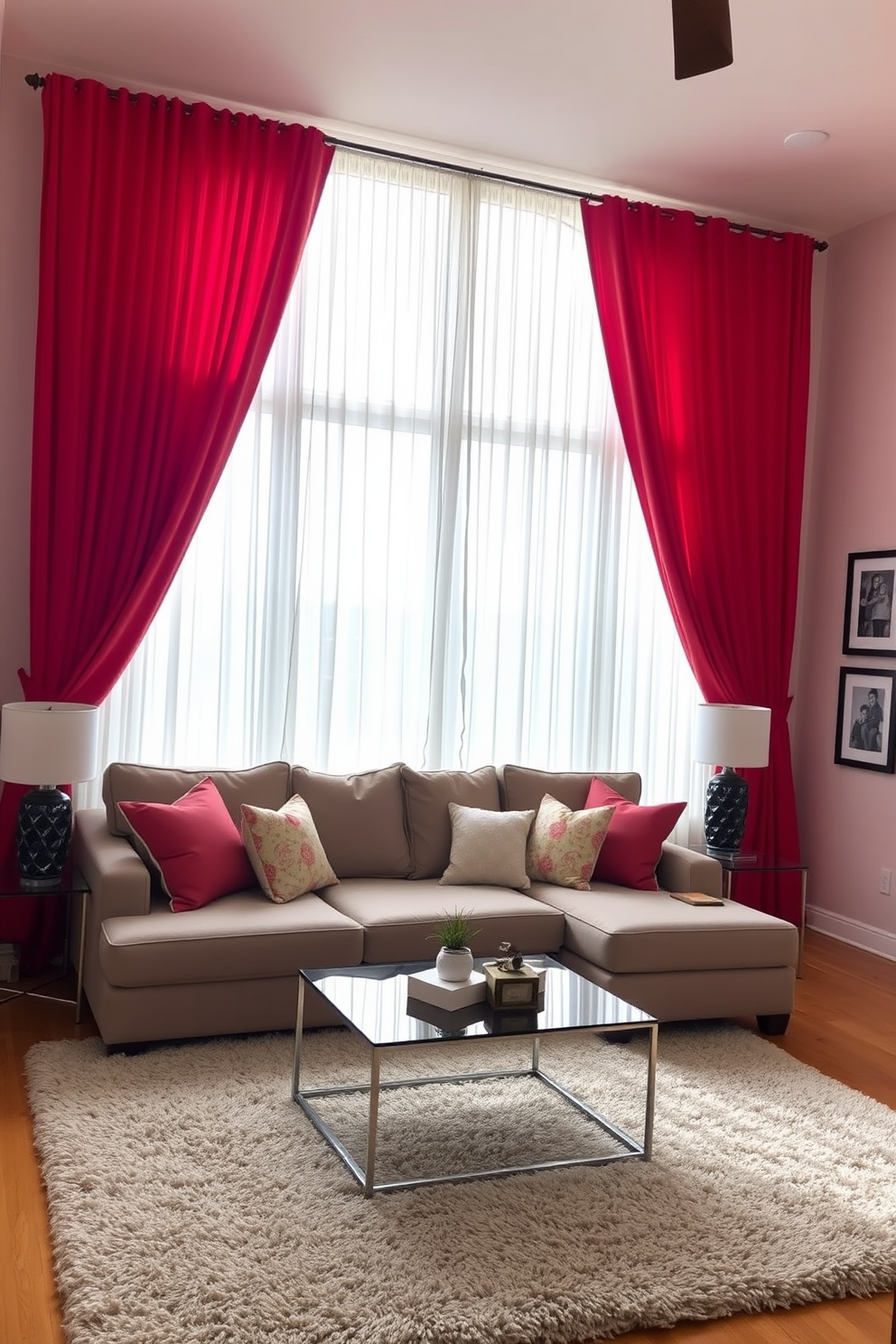 Bright red curtains cascade elegantly from the ceiling, their vibrant hue contrasting beautifully with the soft sheer white layers that filter the sunlight. The family room features a cozy sectional sofa in a neutral tone, accented with plush throw pillows that complement the bold curtains. A sleek coffee table sits at the center, surrounded by a plush area rug that adds warmth to the space. The walls are adorned with family photos in stylish frames, creating a personal touch that invites comfort and togetherness.