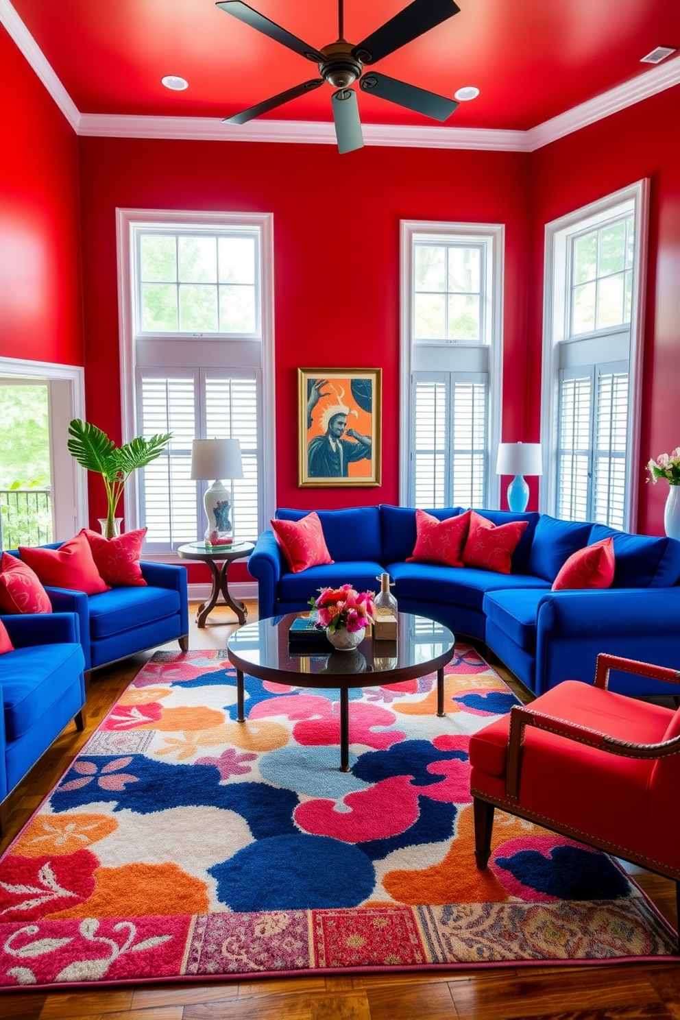 A vibrant family room that creatively blends red and blue hues. The walls are painted a bold red, while the furniture features blue upholstery, creating a striking contrast. A large sectional sofa in deep blue is complemented by red accent pillows. A round coffee table in the center is adorned with a colorful rug that incorporates both colors, tying the room together beautifully.