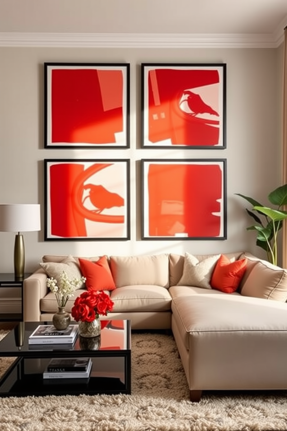 A bright family room featuring a cozy atmosphere with bright red throw blankets draped over a plush sectional sofa. The walls are painted in a soft beige, and large windows allow natural light to flood the space, highlighting the warmth of the red accents.