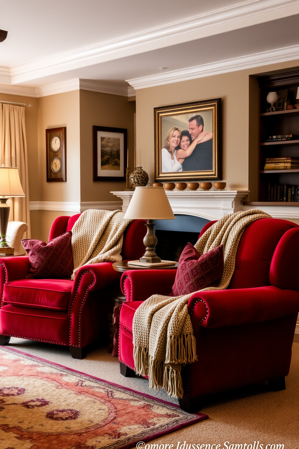 A modern family room featuring a striking red and gray color palette. The walls are painted a soft gray while a bold red sectional sofa anchors the space, complemented by a sleek glass coffee table. Accent pillows in varying shades of red add depth and texture to the seating area. A contemporary area rug with geometric patterns ties the room together, creating a cozy yet stylish atmosphere.