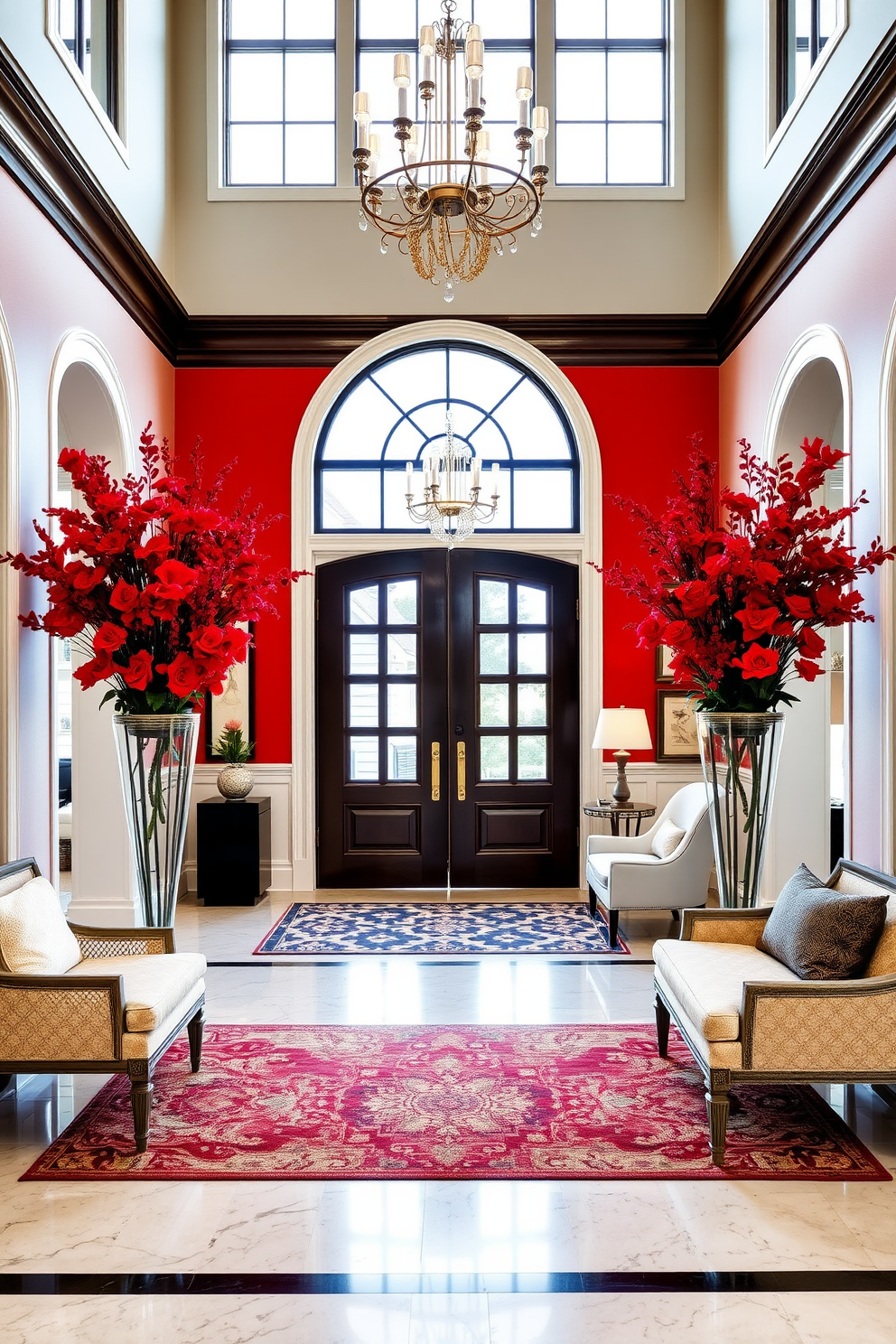 A striking foyer adorned with red floral arrangements that bring a vibrant and fresh touch to the space. The walls are painted in a soft cream hue, and a sleek console table showcases an elegant vase filled with lush red blooms. The floor features a rich dark hardwood that contrasts beautifully with the bright florals. A large round mirror with a decorative frame hangs above the console, reflecting the warmth and inviting atmosphere of the foyer.