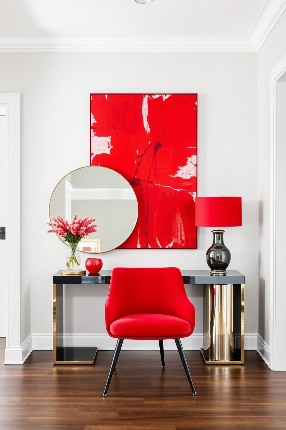 A striking foyer featuring bold red walls that create a dramatic entrance. The contrasting white trim outlines the space, accentuating the architectural details and adding a touch of elegance. A white console table stands against the wall, adorned with a stylish lamp and a vibrant piece of art. The floor is covered in a plush area rug that complements the red while providing a warm and inviting atmosphere.