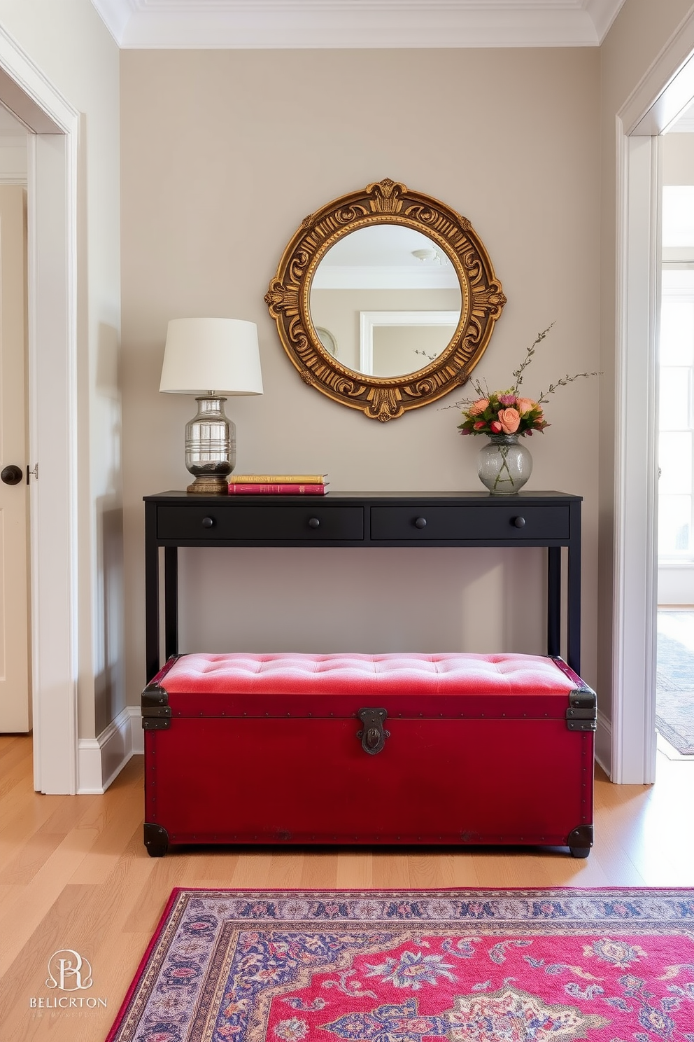 A striking foyer design featuring a bold red and black color scheme. The walls are painted in a deep red hue, complemented by a sleek black console table positioned against one side. On the floor, a geometric black and white patterned rug adds visual interest. Above the console, a large round mirror with a black frame reflects the vibrant colors of the space.