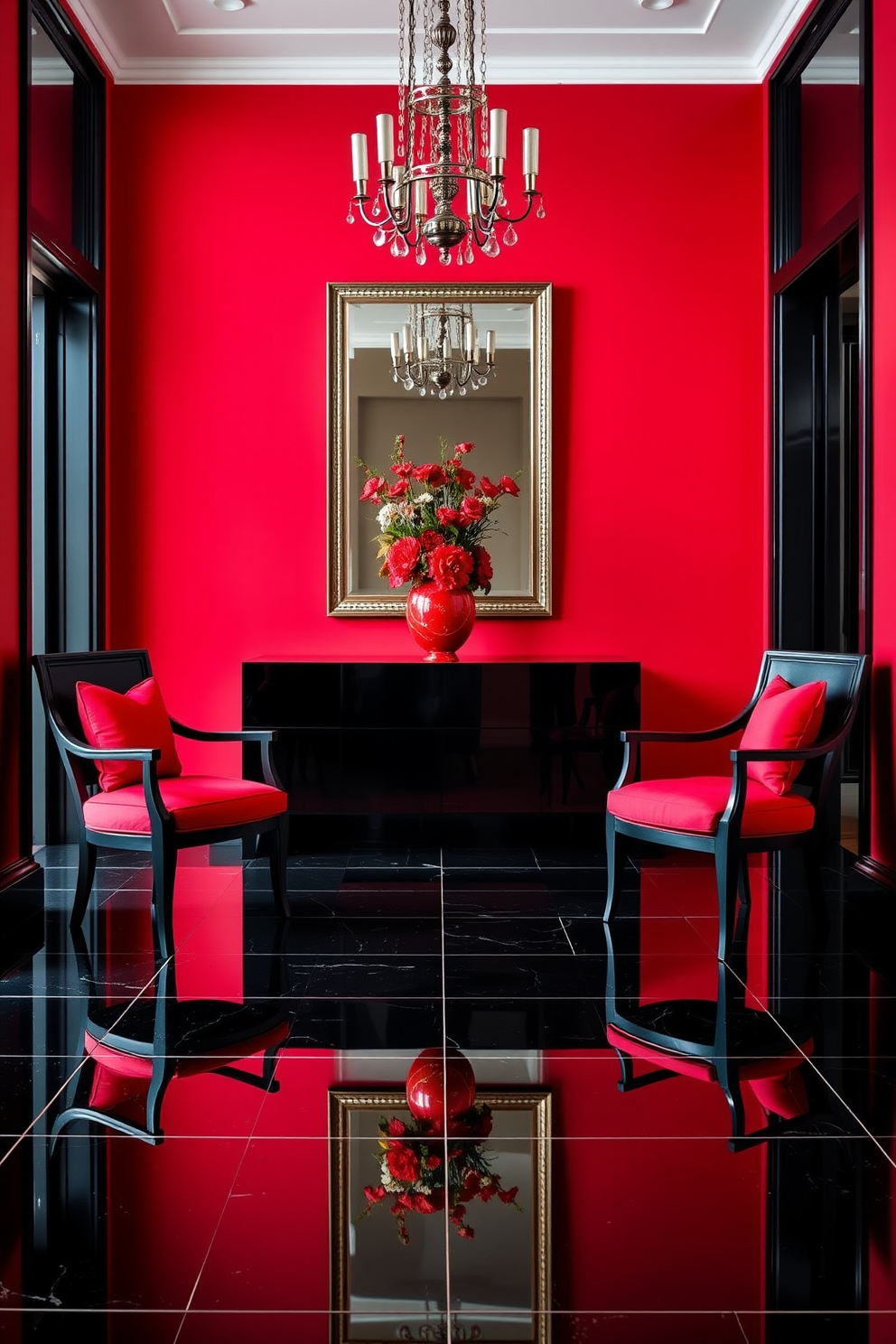 A striking foyer featuring a bold red and black color scheme that exudes elegance. The walls are painted in a deep red hue, while the flooring consists of glossy black tiles that reflect light beautifully. In the center, a sleek black console table is adorned with a vibrant red vase filled with fresh flowers. Flanking the table are two elegant black chairs with plush red cushions, creating a welcoming and stylish entrance.