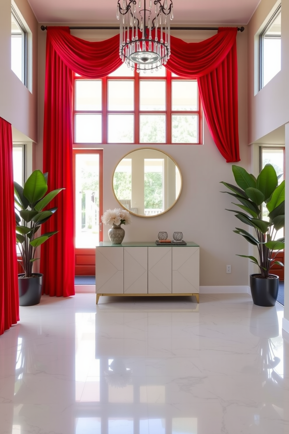 Bright red curtains frame the entrance of a spacious foyer, adding a vibrant pop of color against the neutral walls. The floor is adorned with a sleek marble finish, and a stylish console table stands against one side, topped with decorative accents. A large round mirror hangs above the console, reflecting the natural light that pours in from the foyer's grand windows. Potted plants are strategically placed in the corners, enhancing the welcoming atmosphere of the space.