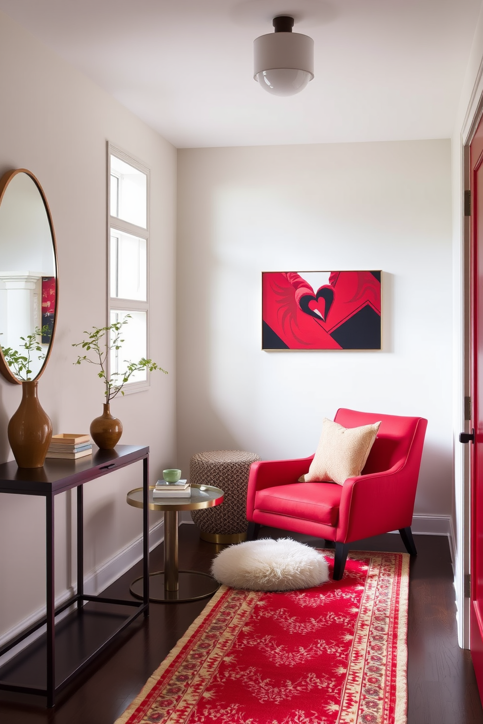 A cozy seating area featuring a striking red accent chair that invites relaxation. The chair is paired with a small round side table and a plush area rug, creating an intimate nook perfect for reading or conversation. A stylish foyer design that incorporates a bold red color scheme. The space includes a sleek console table, decorative wall art, and a vibrant runner rug that enhances the welcoming atmosphere.