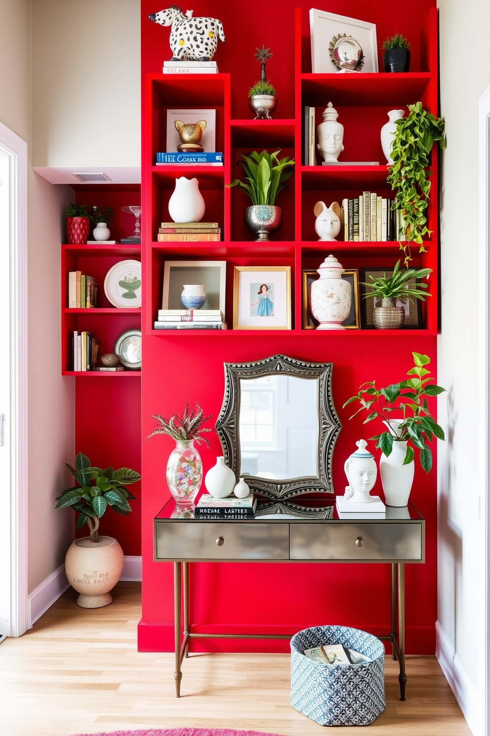 Artful red display shelves adorned with an eclectic mix of decor items create a vibrant focal point in the room. The shelves are filled with books, plants, and unique sculptures, showcasing a playful yet curated aesthetic. The foyer features a bold red accent wall that invites guests into the space. A stylish console table topped with decorative objects and a chic mirror completes the inviting atmosphere.