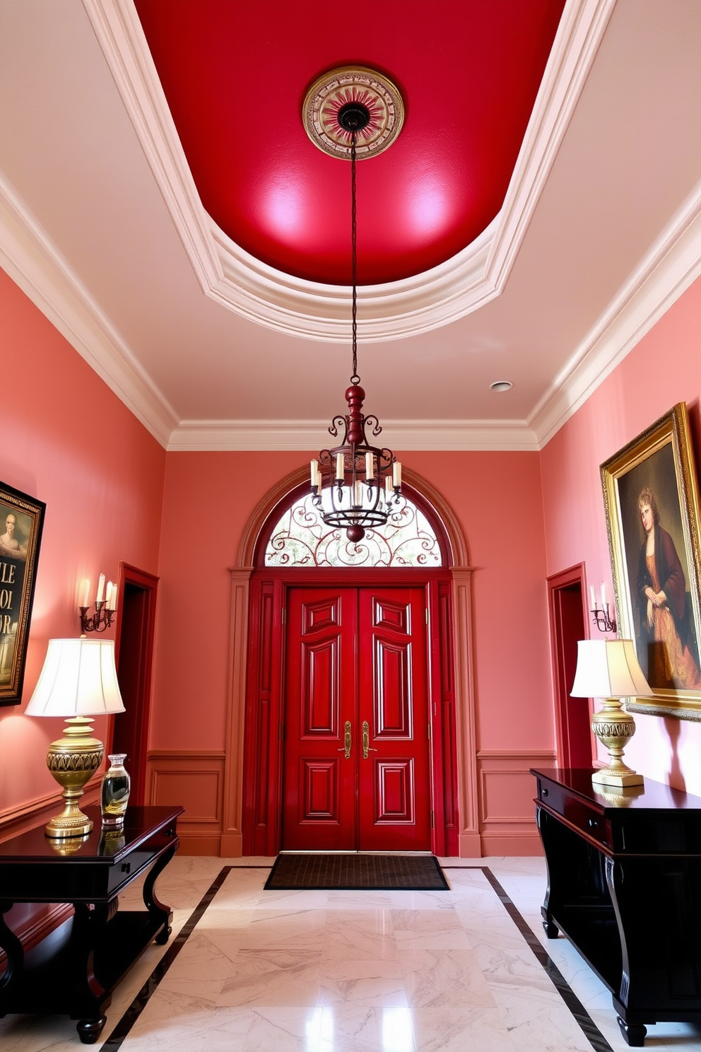 A striking foyer with a bold red painted ceiling that captures attention. The walls are adorned with elegant artwork and the floor features a classic marble finish.