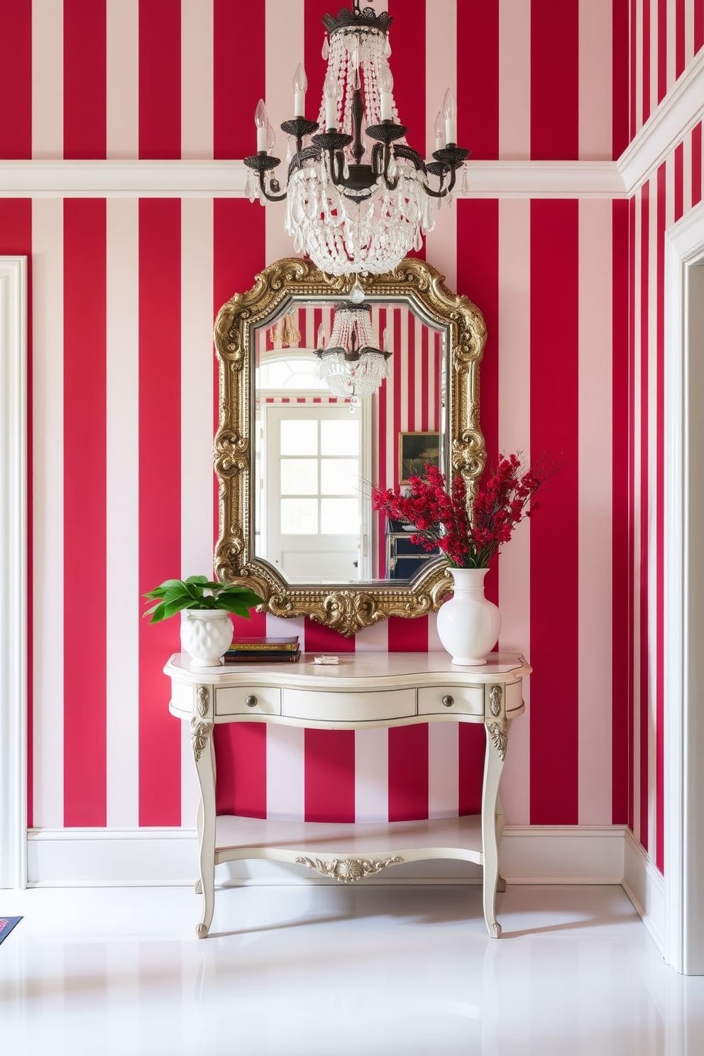 A stunning foyer with an elegant red runner rug positioned on a rich hardwood floor. The walls are adorned with contemporary artwork that adds a touch of sophistication to the space.