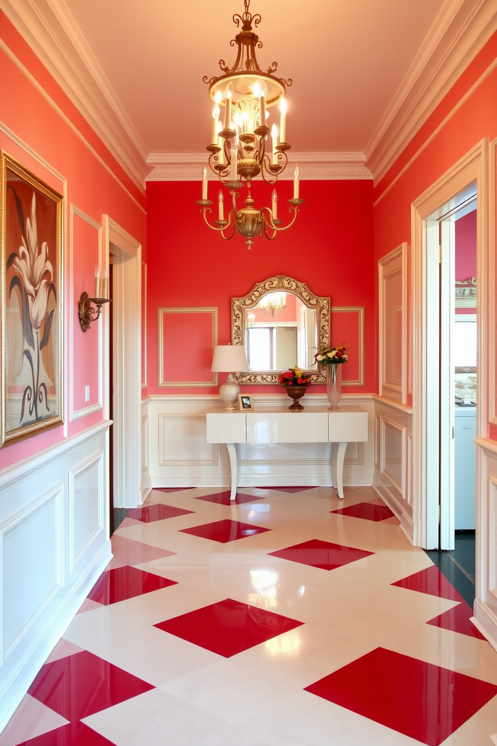 A statement red clock serves as a bold focal point in the foyer, enhancing both functionality and style. The walls are painted in a soft white, allowing the clock's vibrant color to stand out against the minimalist backdrop. The foyer features a sleek console table made of dark wood, topped with decorative items that complement the red clock. A plush area rug in neutral tones anchors the space, adding warmth and texture to the overall design.