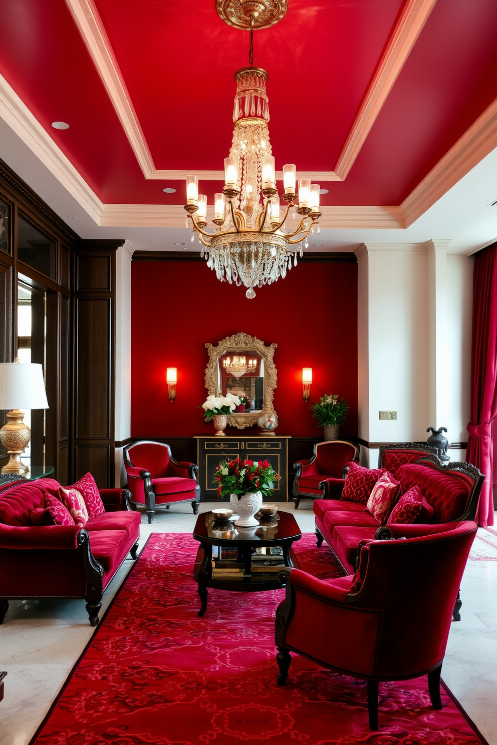 Sophisticated red velvet upholstery adorns elegant furniture pieces, creating a luxurious and inviting atmosphere. The rich texture of the fabric complements intricate wooden accents, while gold or brass fixtures add a touch of glamour. The foyer features a striking design with bold red accents that capture attention immediately upon entry. A statement chandelier hangs above, illuminating the space and highlighting the plush red velvet seating arrangements.