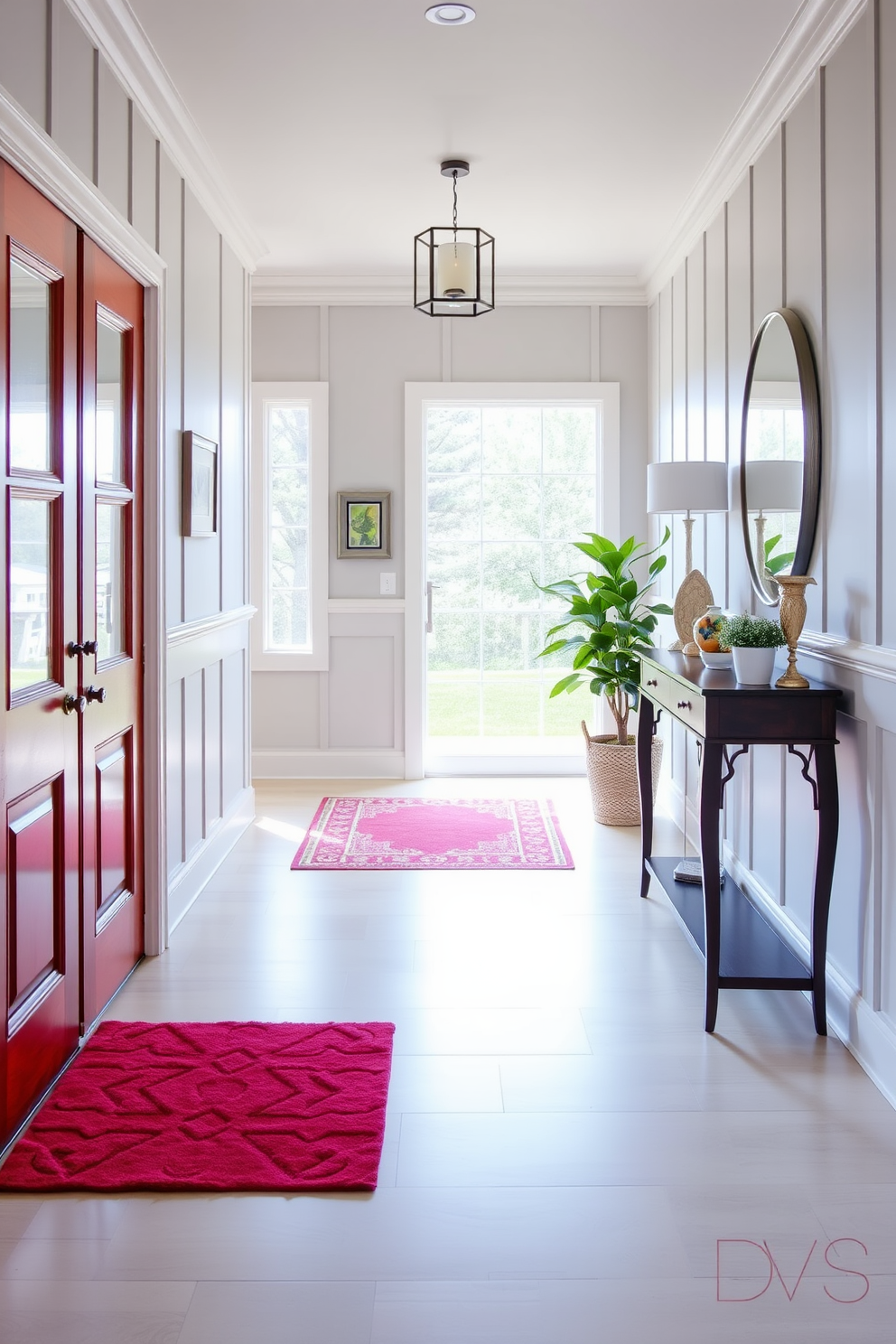 A bright red entry mat welcomes guests into a spacious foyer. The walls are adorned with light gray paneling, and a stylish console table sits against one side, topped with decorative items and a small potted plant.