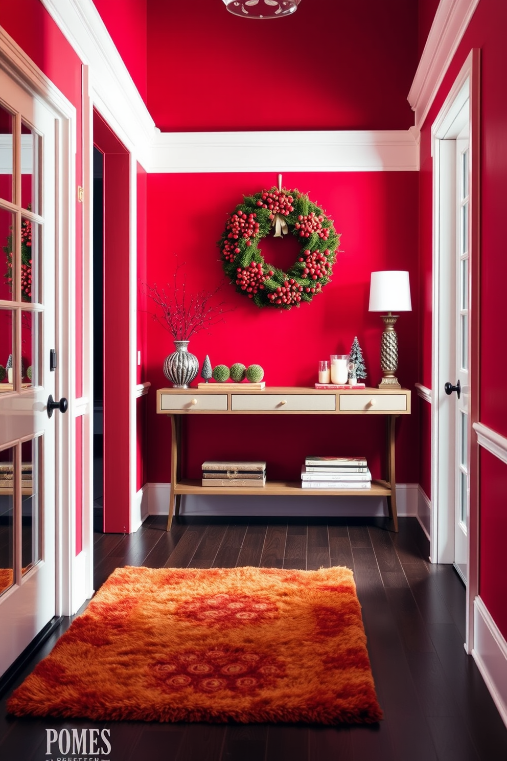 A vibrant red foyer adorned with seasonal decorations that evoke a warm and inviting atmosphere. The space features a bold red accent wall complemented by a stylish console table topped with festive decor. On the floor, a plush area rug in shades of red and gold adds texture and warmth. A decorative wreath made of red berries and greenery hangs prominently on the door, welcoming guests into the festive space.