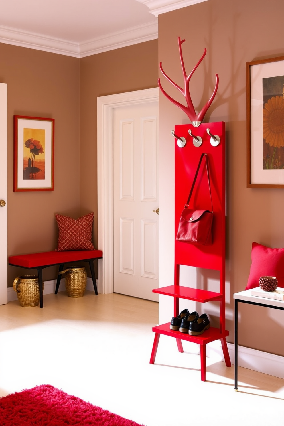 A stylish red coat rack stands prominently in the foyer, designed for both functionality and aesthetic appeal. It features a sleek modern design with multiple hooks and a bottom shelf for shoes, complementing the vibrant red color. The foyer is adorned with creative red design ideas, incorporating accents like a matching red bench and artwork. The space is illuminated by warm lighting, enhancing the inviting atmosphere while ensuring practicality.