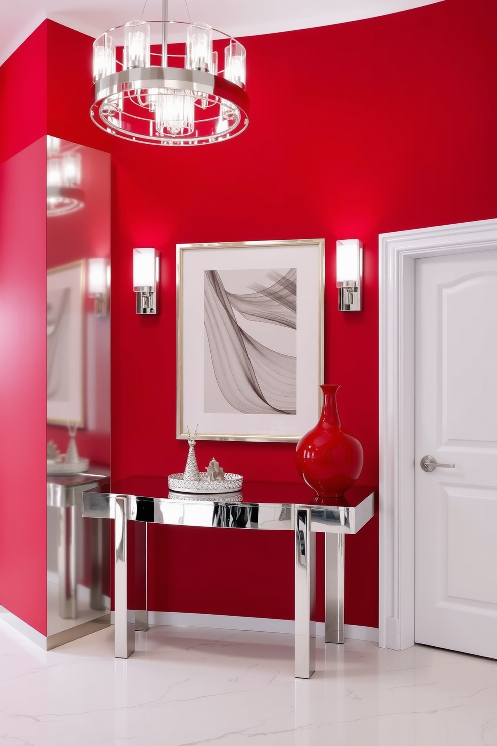 A striking foyer featuring a red and silver color palette. The walls are painted a deep red, complemented by sleek silver accents in the lighting fixtures and decor. A contemporary console table in glossy silver sits against the wall, adorned with a bold red vase. The flooring is a polished white marble, enhancing the modern aesthetic of the space.