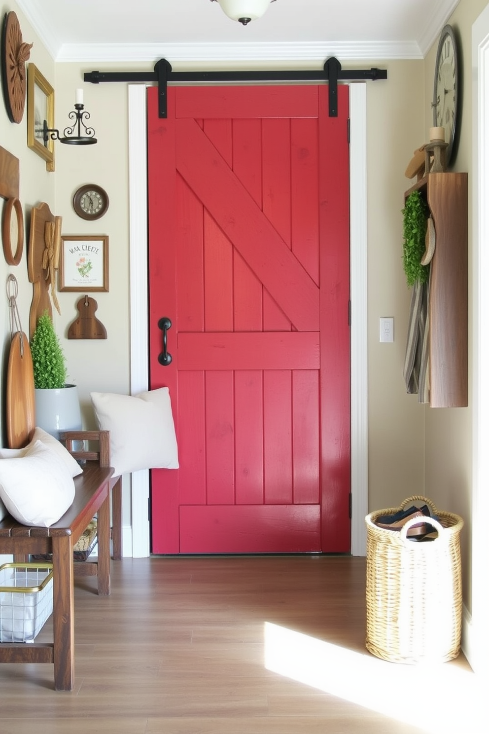 A rustic red barn door serves as the focal point of the entryway, exuding warmth and charm. The surrounding walls are adorned with vintage farmhouse decor, creating an inviting atmosphere. The foyer features a wooden bench with soft cushions, perfect for putting on shoes. A woven basket sits nearby, adding a touch of organization and style to the space.