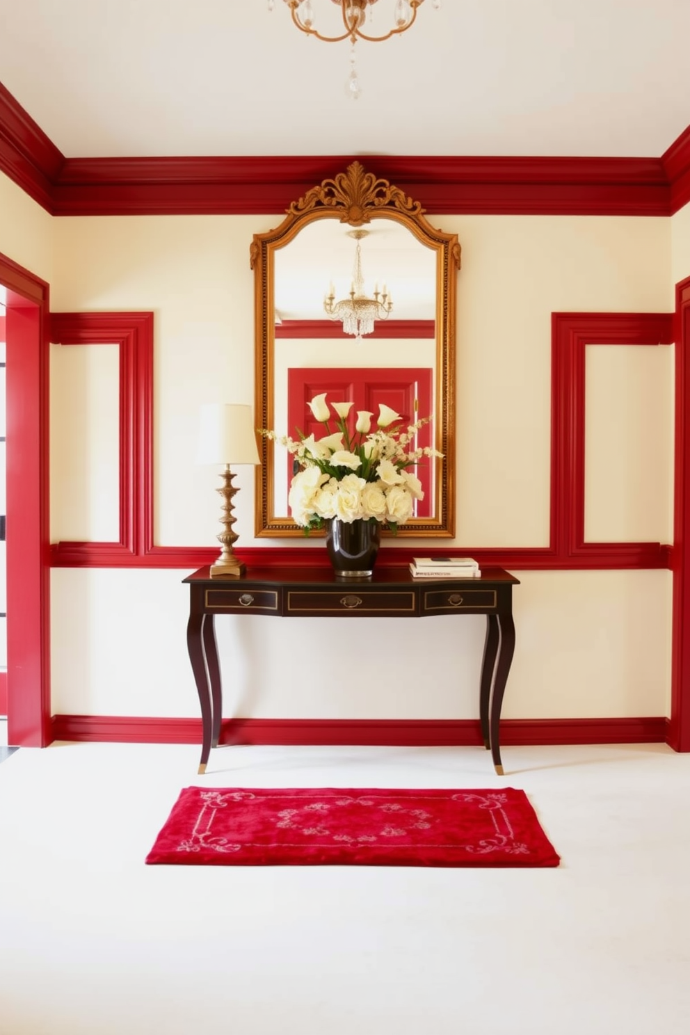 A welcoming foyer featuring a red and cream color scheme that exudes warmth and comfort. The walls are painted in a soft cream, while the trim and accents are a rich, deep red that creates a striking contrast. A large, ornate mirror with a gold frame hangs above a stylish console table in the center of the foyer. A plush red area rug lies beneath the table, and a beautiful arrangement of cream-colored flowers sits in a decorative vase on top.