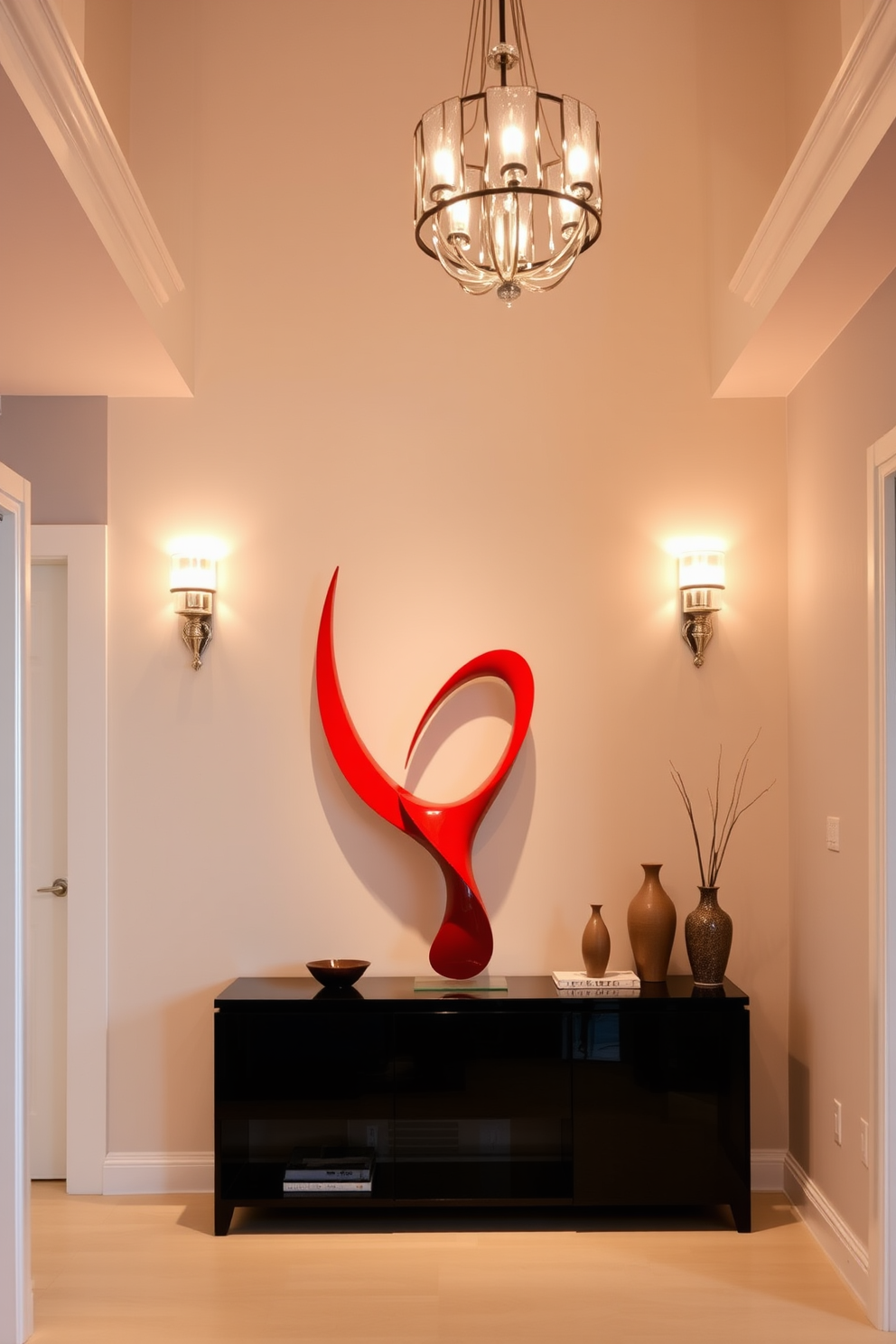 A striking red sculpture serves as the focal point in the foyer, drawing attention with its bold color and unique shape. The surrounding walls are painted in a soft neutral tone, enhancing the vibrancy of the sculpture while providing a serene backdrop. The foyer features elegant lighting fixtures that cast a warm glow, highlighting the sculpture and creating an inviting atmosphere. A sleek console table is positioned against the wall, adorned with decorative items that complement the overall design.