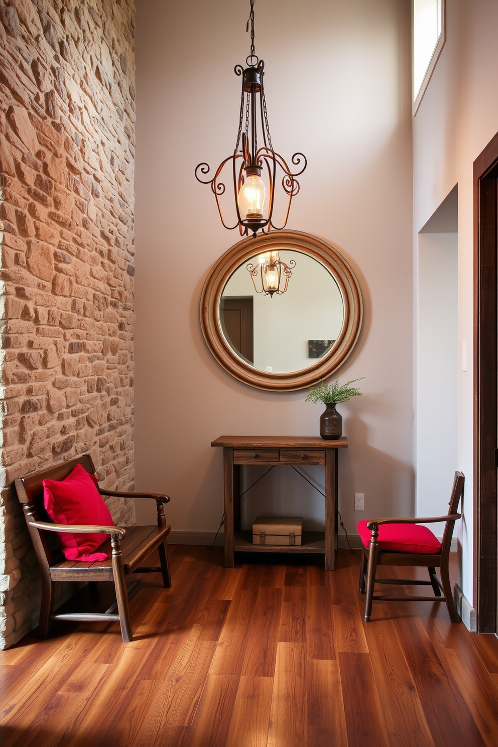 A grand foyer adorned in a rich red and gold color scheme creates an inviting and luxurious atmosphere. The walls are painted in a deep crimson hue, complemented by ornate gold moldings and a stunning chandelier that casts a warm glow. A plush red area rug lies at the center, adding warmth and texture to the space. Flanking the entrance are elegant console tables with gold accents, adorned with fresh floral arrangements and decorative sculptures.