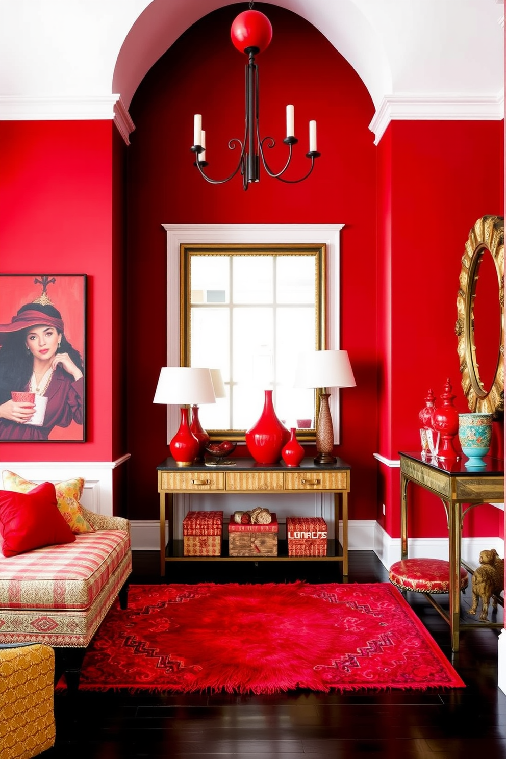 A vibrant foyer adorned with bold red and white striped wallpaper creates an inviting atmosphere. The space features a sleek console table with a round mirror above it, reflecting the playful design.