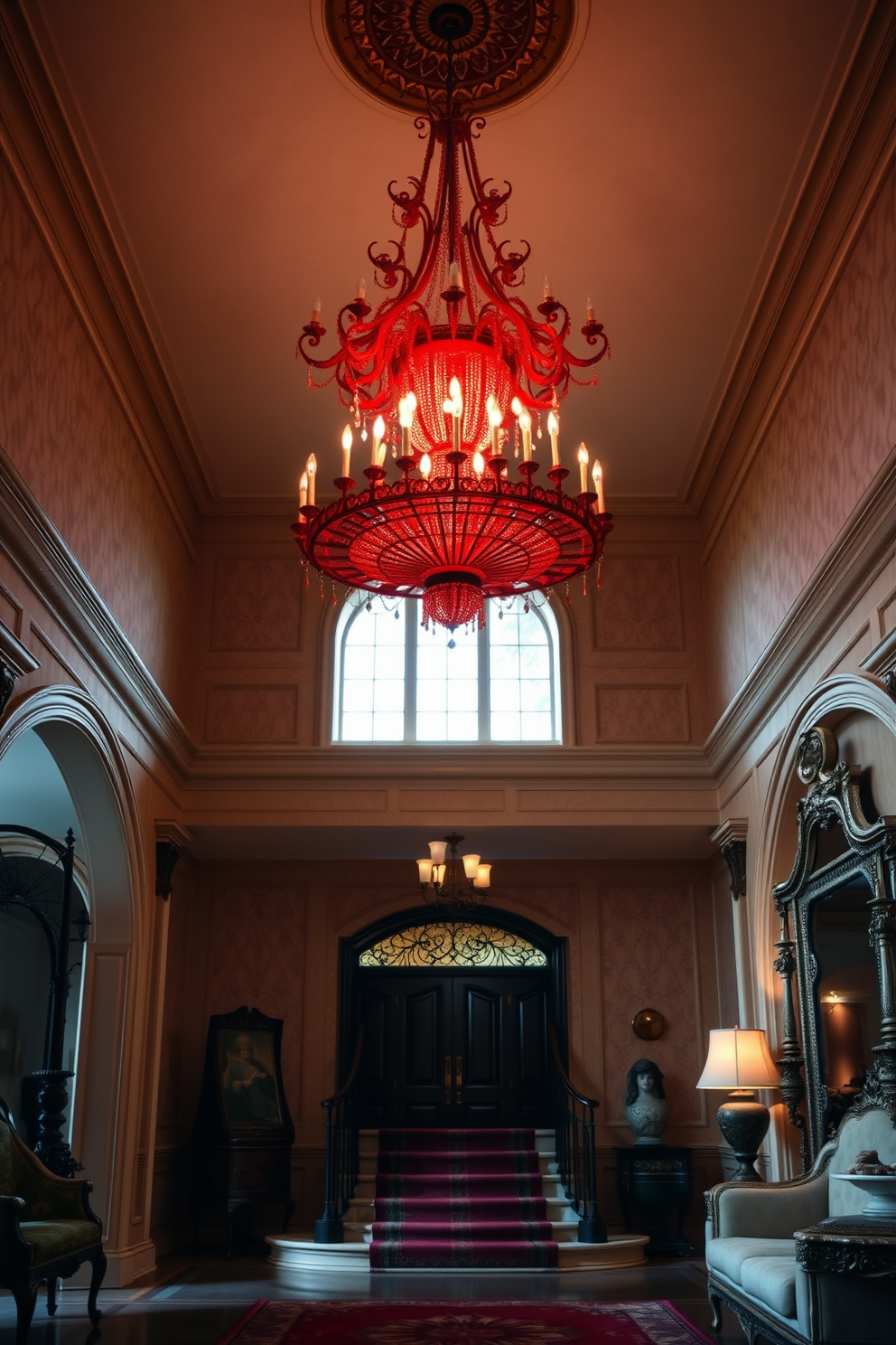 An elegant red chandelier hangs from the ceiling, casting a warm glow throughout the foyer. The space is adorned with rich textures and deep colors, creating a dramatic and inviting atmosphere. The foyer features a grand entrance with high ceilings and a stunning staircase. Ornate details and luxurious furnishings complement the striking red chandelier, enhancing the overall elegance of the space.