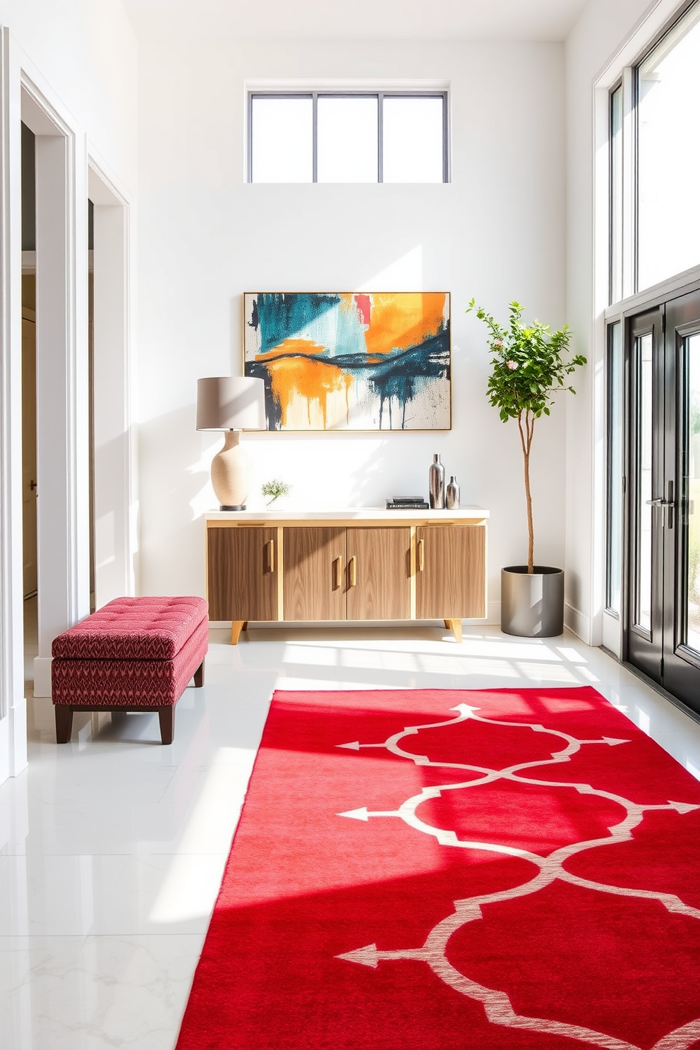 A striking red area rug with bold geometric patterns anchors the space, adding a vibrant touch to the foyer. Surrounding the rug, the foyer features sleek white walls and a modern console table adorned with decorative objects and a stylish lamp. The design incorporates large windows that allow natural light to flood in, enhancing the warm tones of the red rug. A statement piece of artwork hangs above the console table, creating a focal point that draws the eye and complements the overall aesthetic.