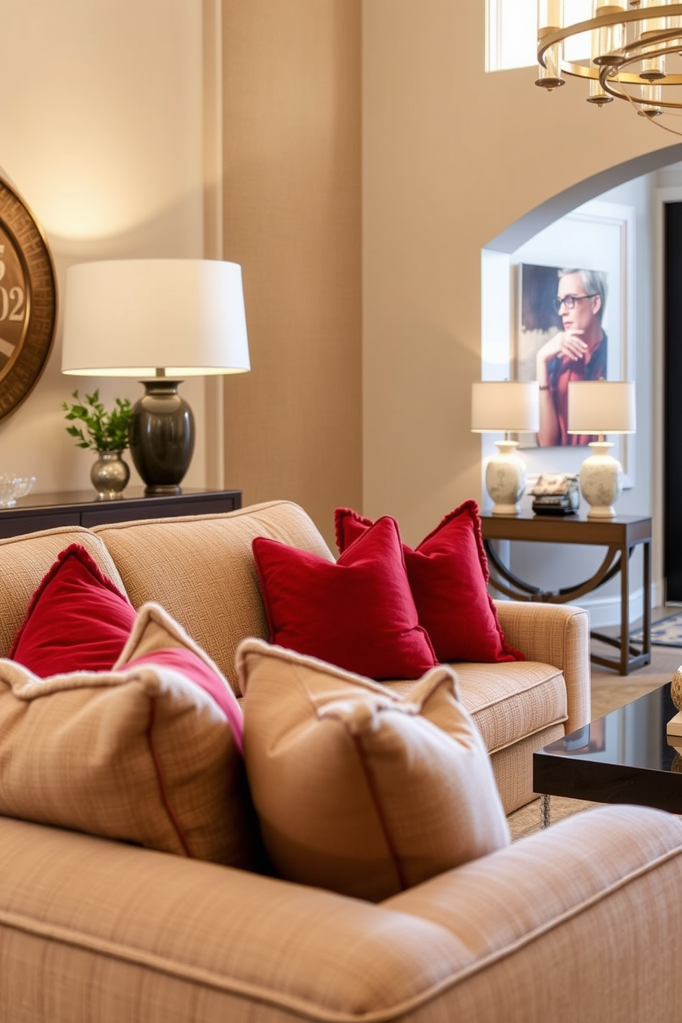 A chic red chandelier hangs elegantly from the ceiling, casting a warm glow throughout the space. The foyer features a striking combination of white walls and a polished black floor, creating a bold backdrop for the vibrant chandelier. To enhance the dramatic effect, a grand entrance is framed by tall, sleek columns painted in a glossy finish. A plush area rug in deep red tones lies beneath, inviting guests into the stylish atmosphere.