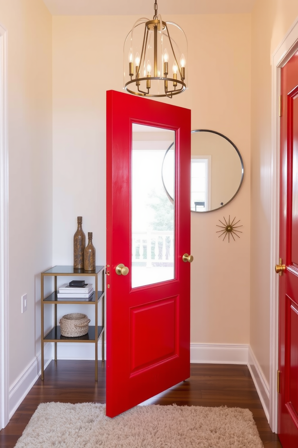 A vibrant red door with brass hardware welcomes guests into a stylish foyer. The space features a sleek console table adorned with decorative items and a large round mirror that reflects the warm light from a modern chandelier. The walls are painted in a soft cream color, creating a striking contrast with the bold door. A plush area rug in neutral tones lies underfoot, adding texture and comfort to the entryway.