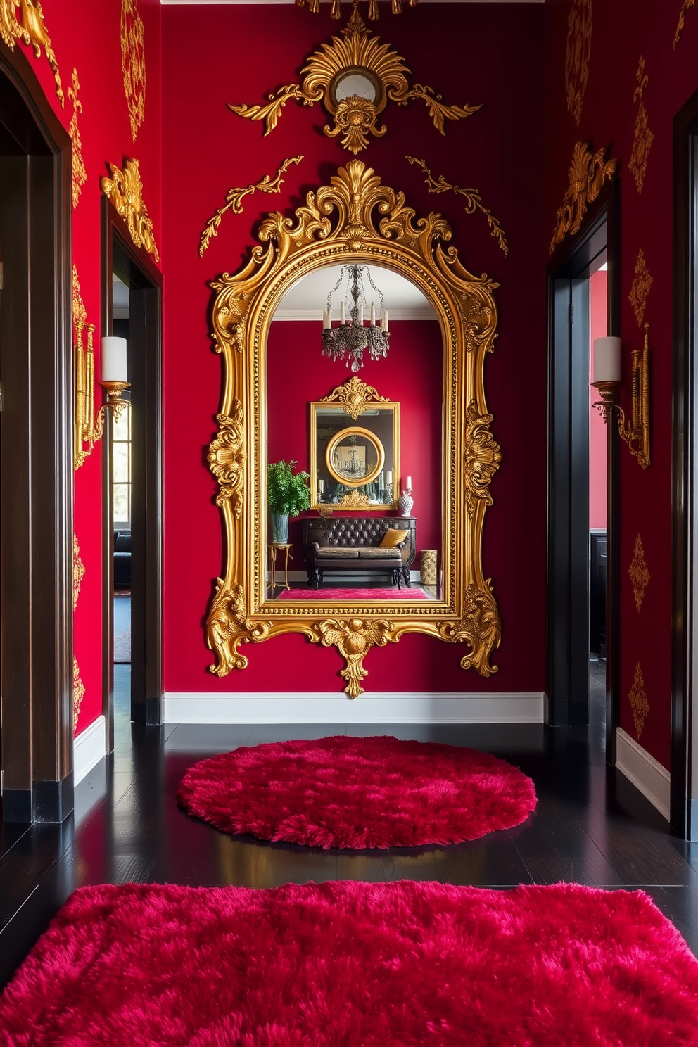 A luxurious foyer featuring a striking red wall adorned with intricate gold accents. The centerpiece is a stunning gold-framed mirror that reflects the elegance of the space. The floor is covered with a rich dark wood that complements the red walls beautifully. A plush area rug in deep crimson adds warmth and texture, inviting guests into the home.