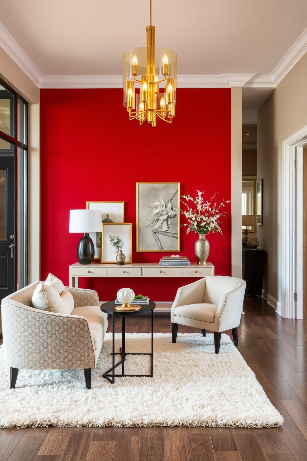 A striking foyer design that combines rich red accents with neutral tones to create a balanced atmosphere. The space features a bold red accent wall, complemented by a light beige console table adorned with decorative elements. A plush area rug in soft cream tones lies beneath a stylish seating arrangement, inviting guests to relax. Elegant lighting fixtures in warm gold hues add a touch of sophistication to the overall design.