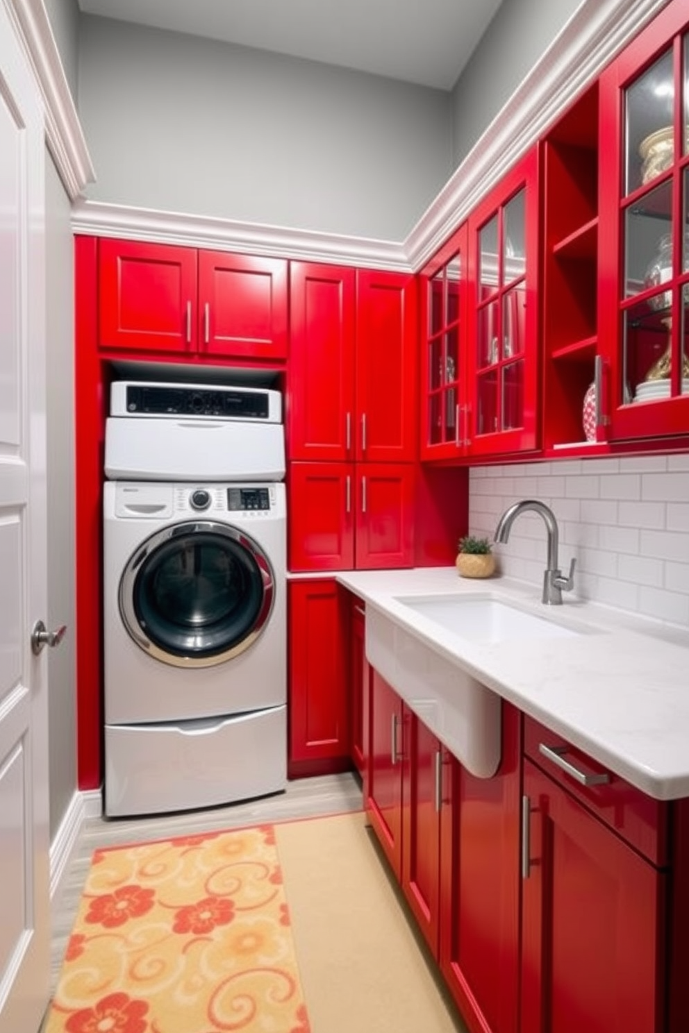 A vibrant laundry room featuring bold red accent walls that energize the space. The room includes a modern washer and dryer set, paired with sleek white cabinetry for storage.