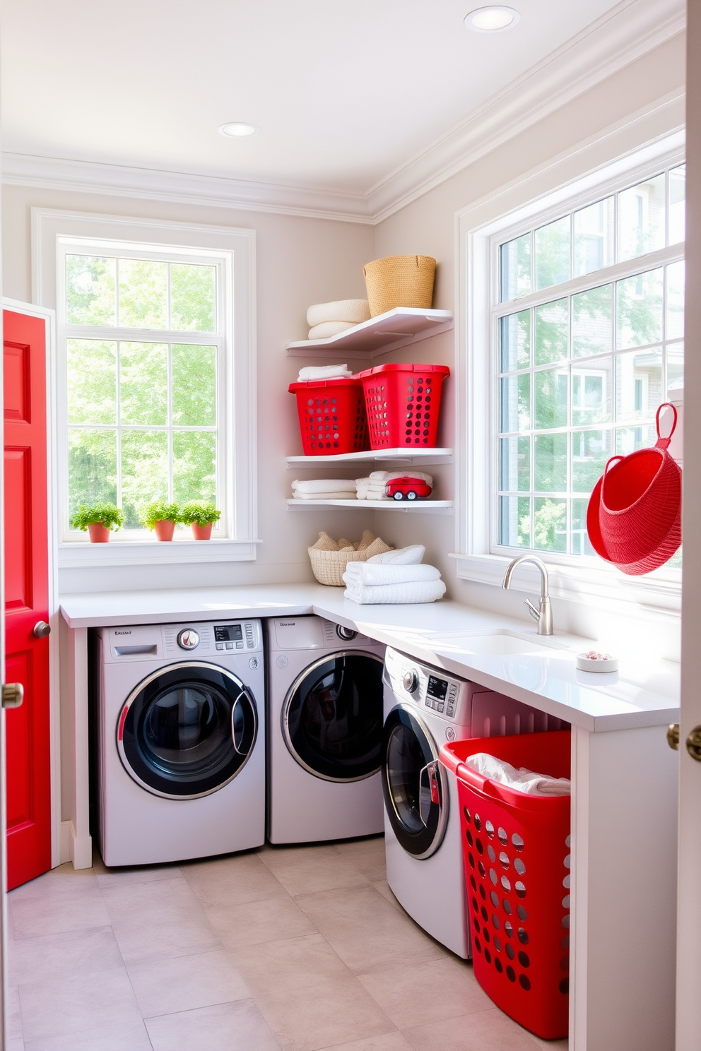 A vibrant laundry room featuring bold red wall art that energizes the space and inspires motivation. The room includes a sleek white countertop with a built-in sink, complemented by modern appliances and organized storage solutions.