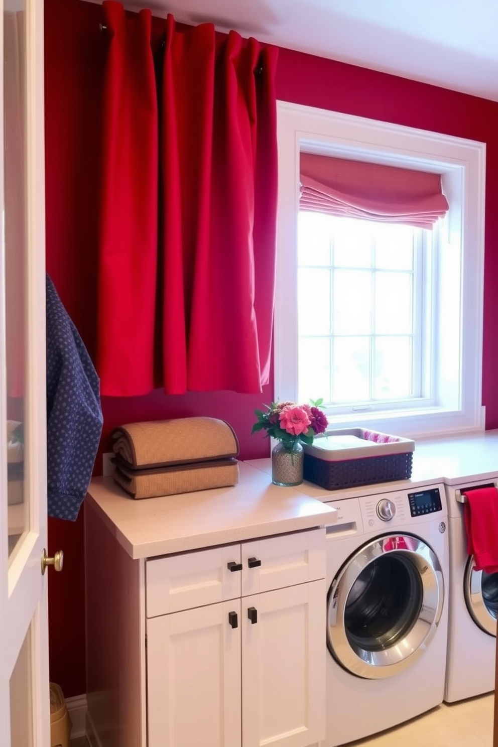 A vibrant laundry room featuring open shelving adorned with bold red accents. The shelves are neatly organized with colorful storage bins and decorative items that enhance the energetic atmosphere.