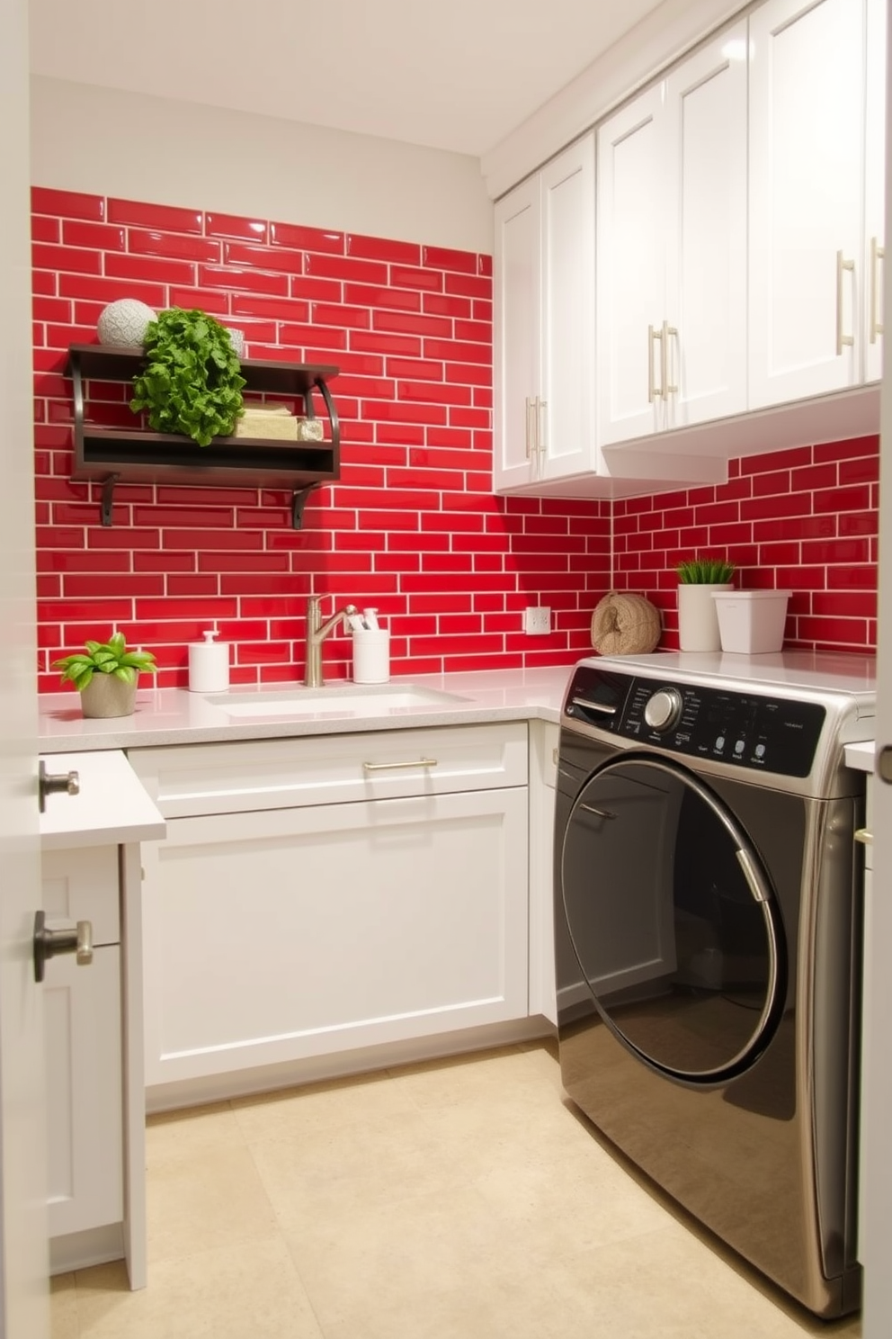 A cozy laundry room featuring red lighting fixtures that create a warm and inviting glow. The walls are painted in a soft white hue, and the cabinetry is a rich cherry wood, providing a beautiful contrast to the lighting. A spacious countertop made of quartz offers ample space for folding clothes, while a stylish red backsplash adds a pop of color. The room includes a modern washer and dryer set, seamlessly integrated into the cabinetry for a streamlined look.