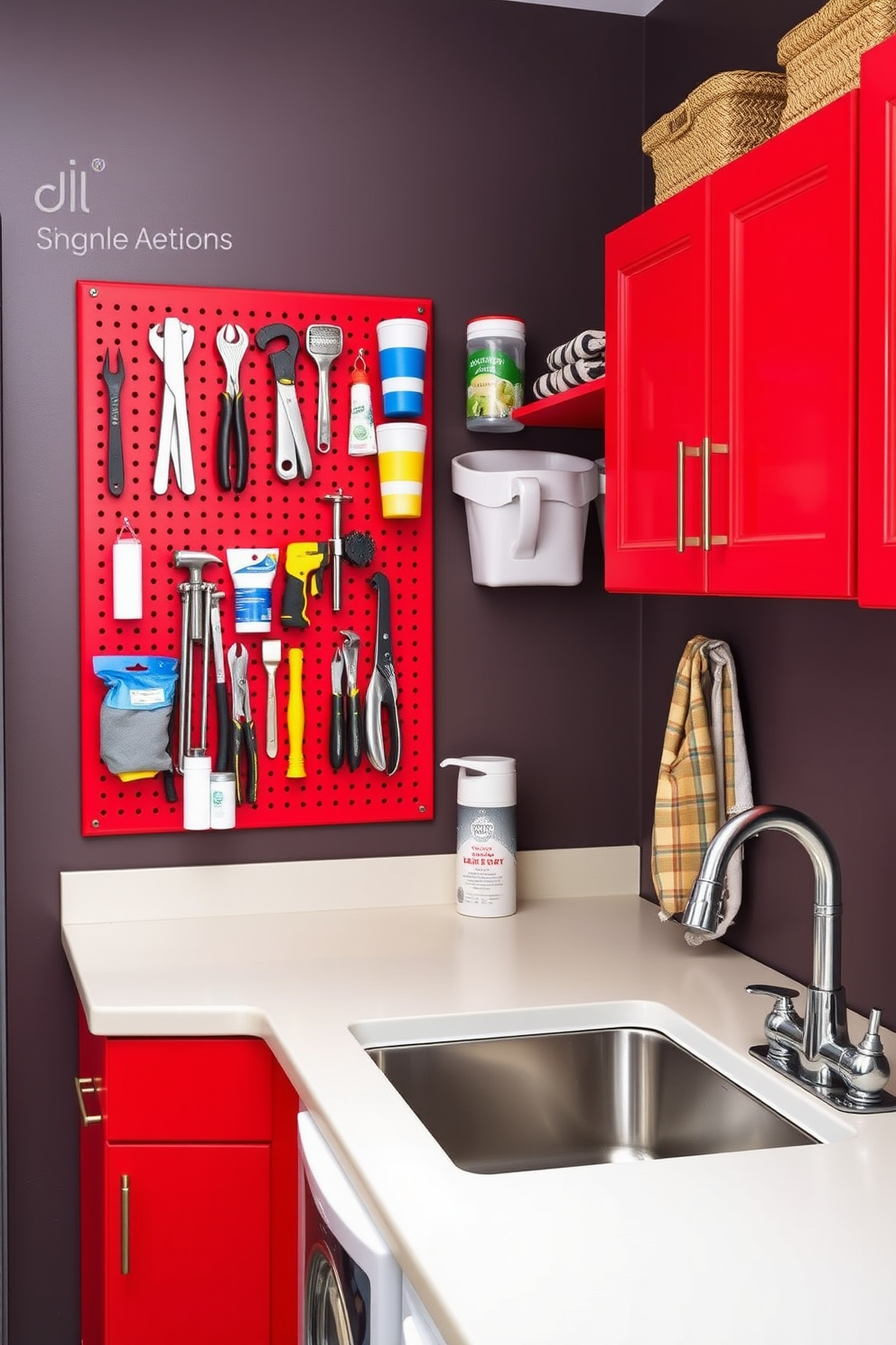 A vibrant laundry room featuring bold red curtains that gently frame a large window, allowing natural light to filter through and create a warm atmosphere. The room is equipped with a spacious countertop for folding clothes, complemented by stylish storage solutions in white cabinetry that contrasts beautifully with the red accents.