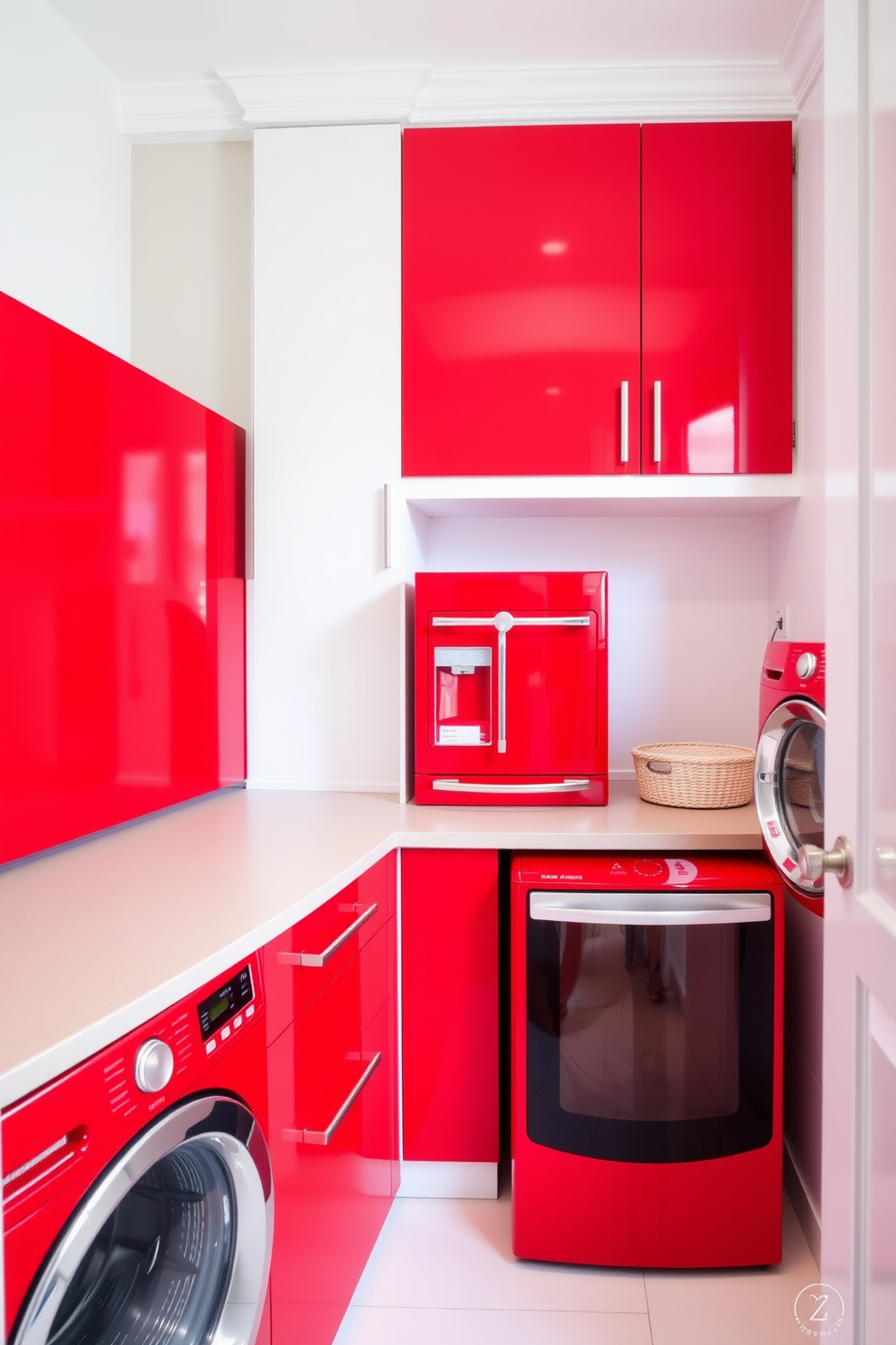 A vibrant laundry room showcasing a striking red accent wall paired with neutral-toned cabinetry and countertops. The space features a modern washer and dryer stacked for efficiency, with stylish storage baskets neatly organized on open shelves. Complementing the red, a large window allows natural light to flood the room, illuminating the sleek white tile flooring. Decorative elements like potted plants and colorful artwork add personality while maintaining a cohesive and inviting atmosphere.