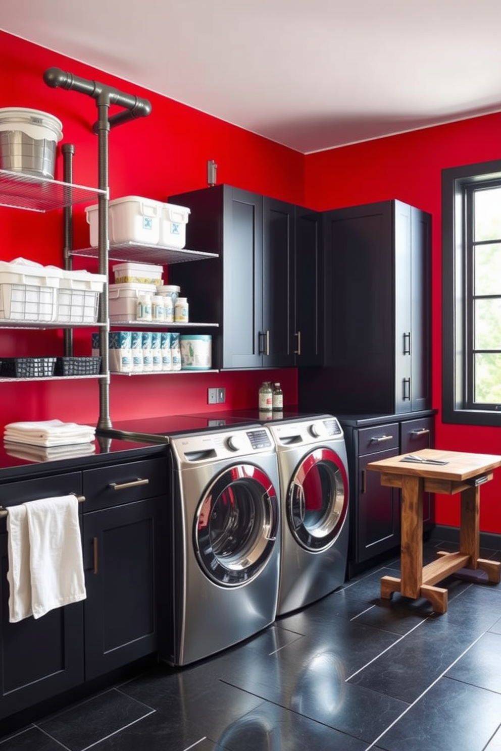 A striking laundry room featuring a bold red accent wall that contrasts with sleek black cabinetry. Industrial-style shelving made of metal pipes holds neatly organized laundry supplies, while a modern washing machine and dryer sit side by side. The floor is adorned with large black tiles that enhance the industrial aesthetic. A rustic wooden table serves as a folding area, and a large window allows natural light to flood the space, highlighting the vibrant color scheme.