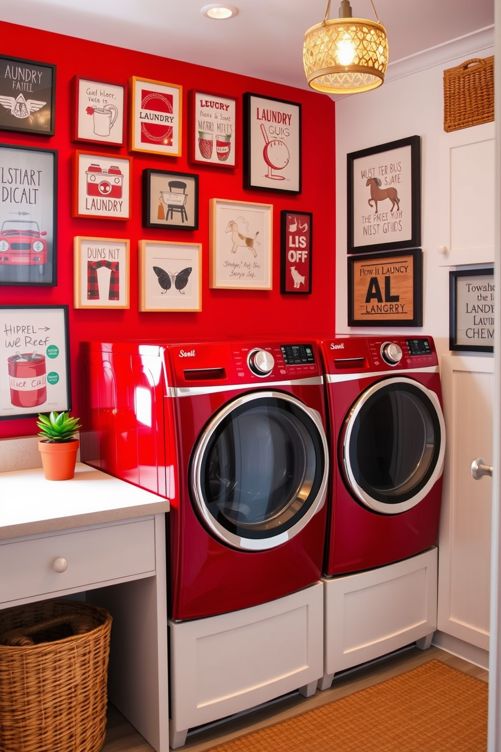 A vibrant laundry room features creative red wall art that adds a pop of color to the space. The walls are adorned with various prints that celebrate laundry themes, creating an inspiring atmosphere. The room includes a sleek red washing machine and dryer set, complemented by white cabinetry for storage. A stylish countertop provides a functional workspace, while decorative baskets add both organization and charm.