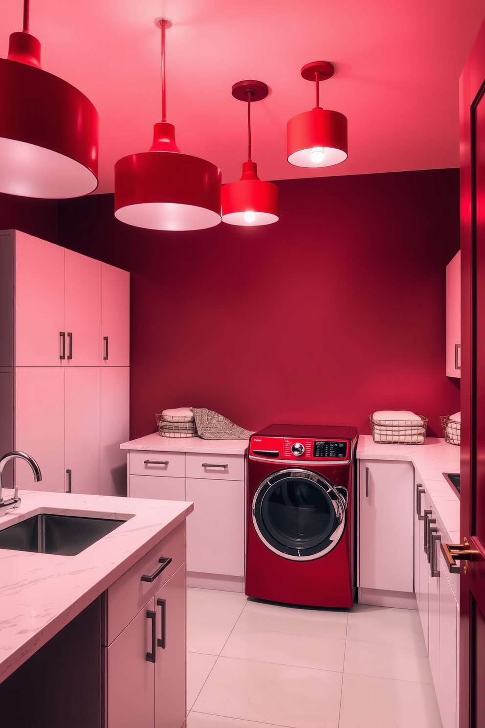 A vibrant laundry room filled with red and white striped decor creates a playful and energetic atmosphere. The walls are adorned with bold red and white stripes, complemented by sleek white cabinetry and a bright red countertop. A spacious washing machine and dryer are seamlessly integrated into the design, surrounded by cheerful red accents. Decorative elements such as striped baskets and vibrant artwork enhance the fun and inviting feel of the space.