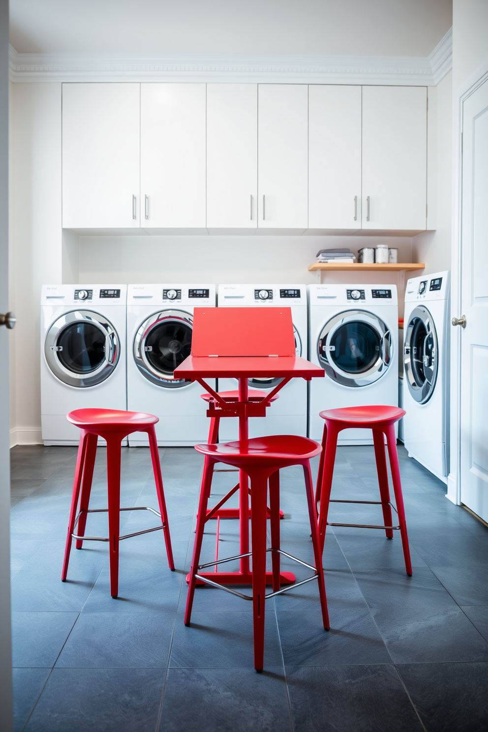 A vibrant laundry room featuring a striking red folding table surrounded by sleek, modern stools. The walls are painted in a soft white, creating a bright and inviting atmosphere, while the floor is adorned with stylish gray tiles.