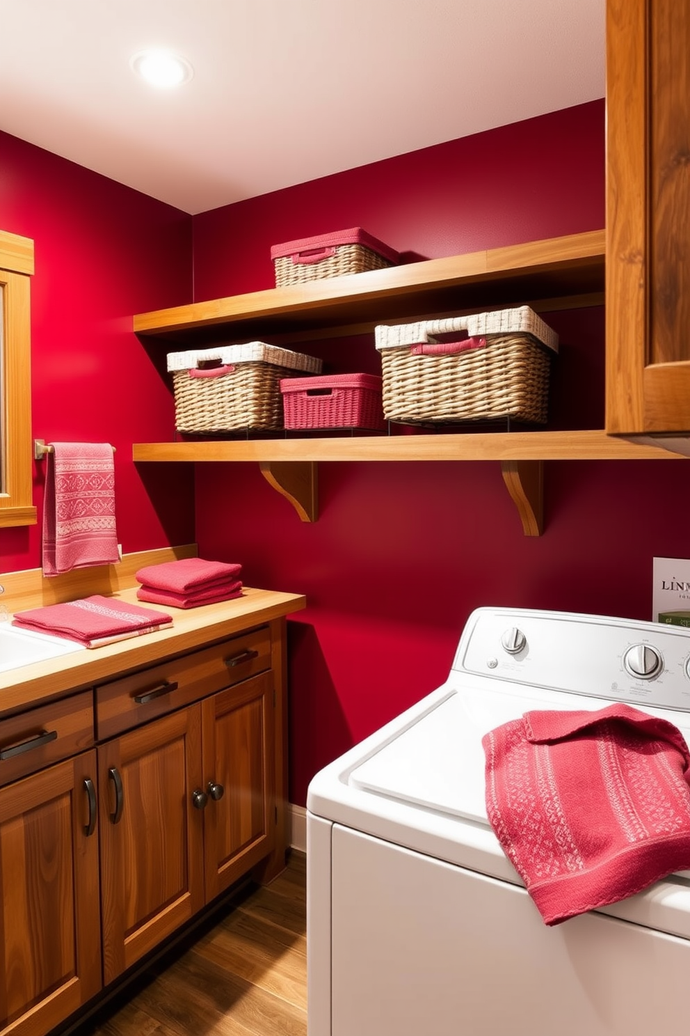 A vibrant laundry room featuring red framed mirrors that reflect light and enhance the sense of space. The room is designed with sleek red cabinetry, a spacious countertop for folding clothes, and a stylish washing machine and dryer set.