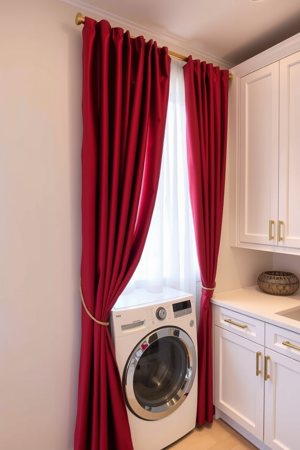 Elegant red curtains drape gracefully from a polished wooden rod, their rich fabric adding a touch of luxury to the space. Sheer panels filter soft light, creating a warm and inviting atmosphere in the room. The laundry room features sleek white cabinetry with gold hardware, providing ample storage while maintaining a modern aesthetic. A stylish washer and dryer are seamlessly integrated into the design, complemented by a chic countertop for folding clothes.